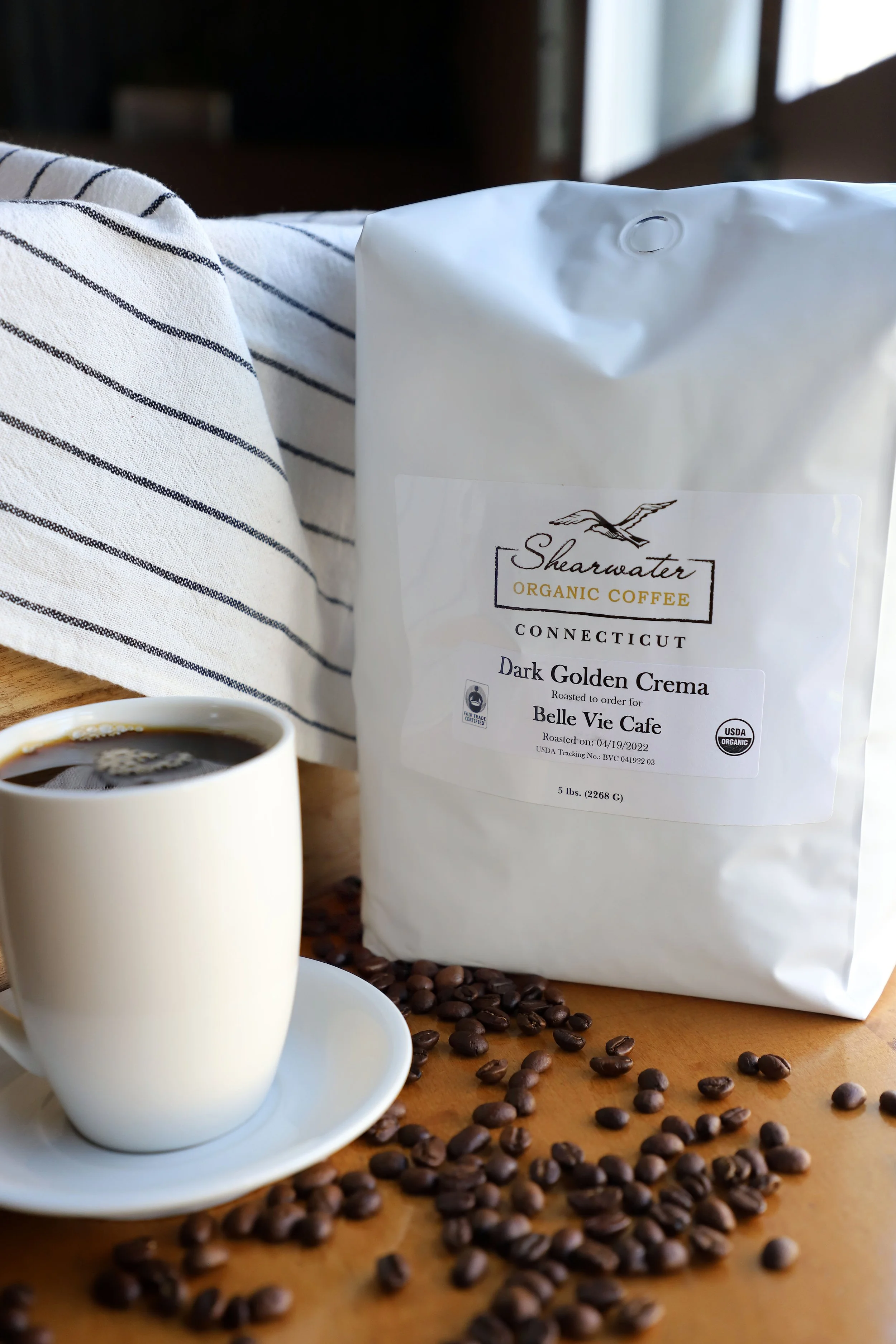 organic bag of shearwater coffee beans brewed at Belle Vie