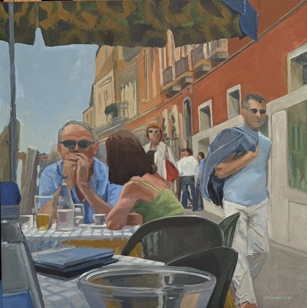Painting of an outdoor street scene with people sitting at a table under a large umbrella. Two people in the foreground are wearing sunglasses, and there is a person walking by in the background with a jacket draped over their shoulder.