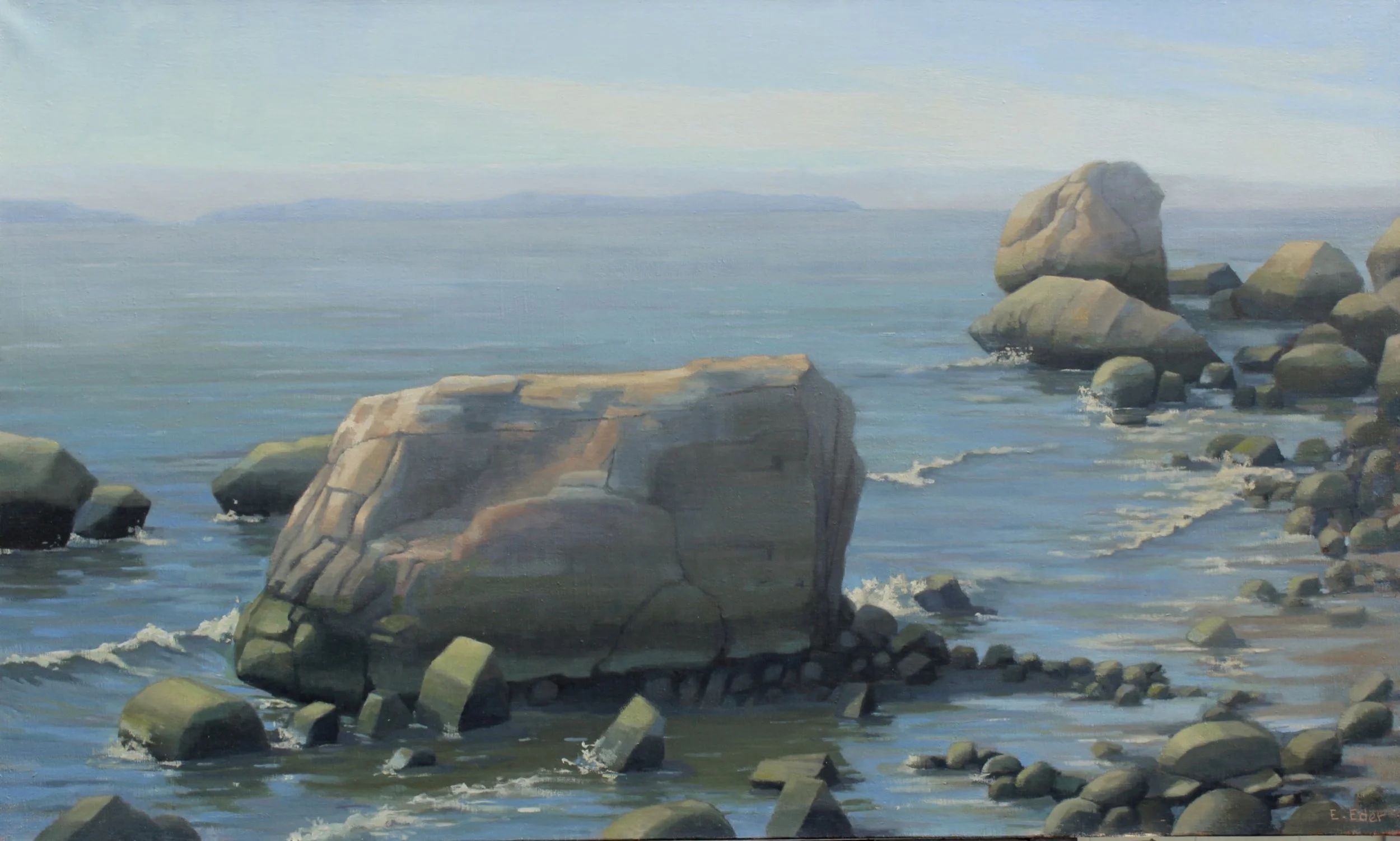Art at Belle Vie Cafe Monoliths, one of Eileen’s large oil paintings inspired by plein air landscape painting