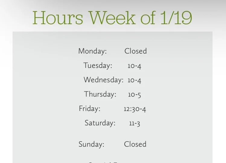 Hours for the week...Today was a little valentines re-stock...