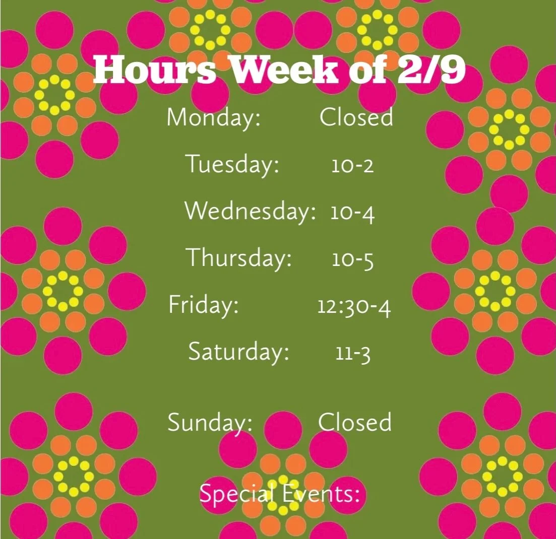 Hours for the week. The graphic has a flower power neon hippie vibe, not what I was really going for. Need to evolve by next week. Stay tuned. #barnhours #chilly #nomoresnow