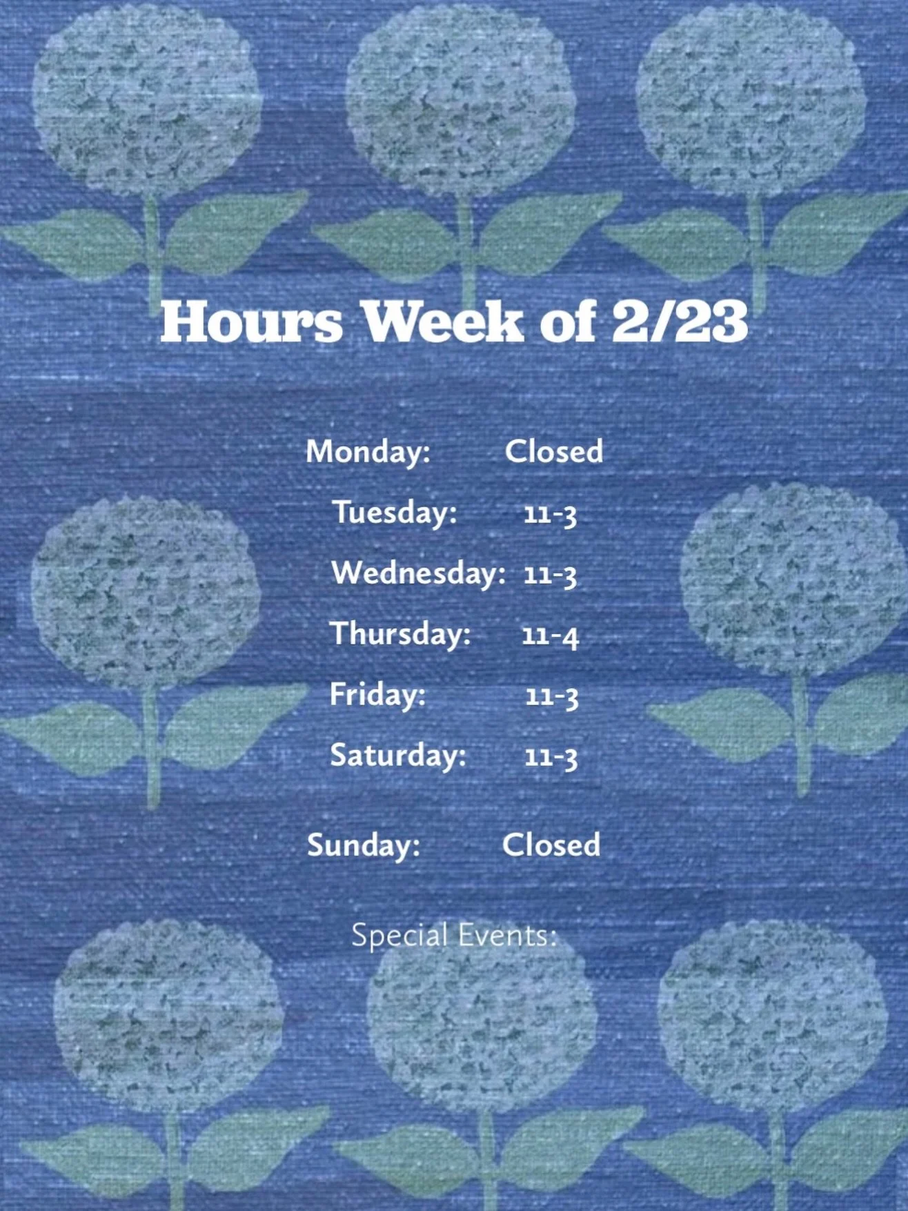 Hours for the week...trying out a new hours background...