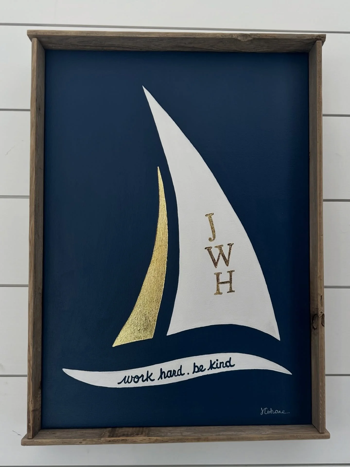 I was honored to make this piece for the upcoming John W. Hughan Foundation Gala this Friday, April 10. I made it with so much love, utilizing their thoughtfully designed logo and phrase "work hard.be kind." It is framed with weathered fenc
