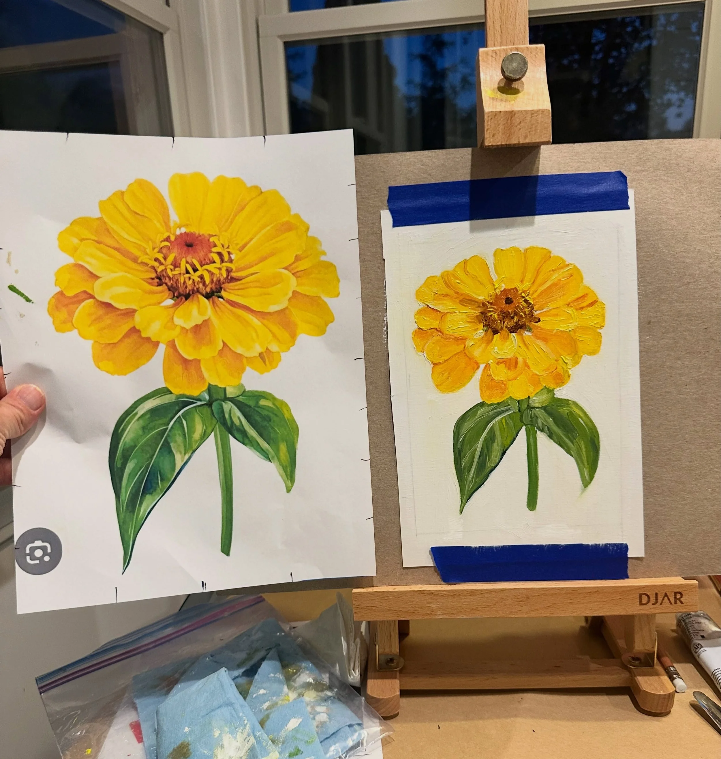 Mother's Day afternoon oil painting session. I haven't pulled out the paints since my class. A gift for my mom, she loves yellow. #zinnias #yellow #mothersdaygift