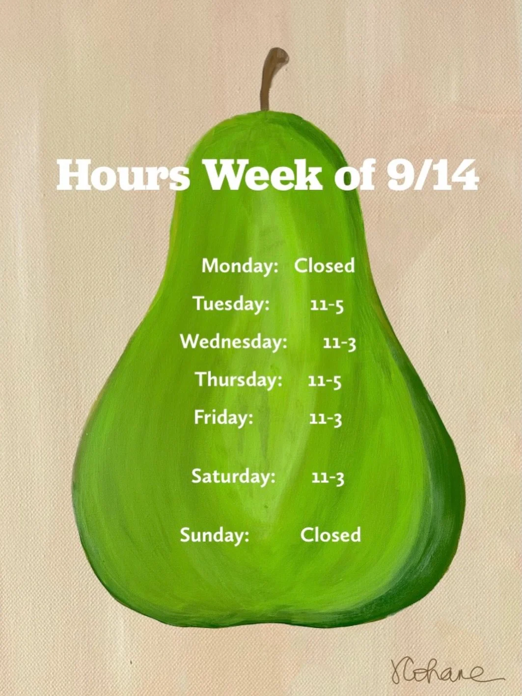 Hours for the week. Sneak peak to new product that will be release in a few weeks. Stay tuned. #shophours #lovegreen #autumn