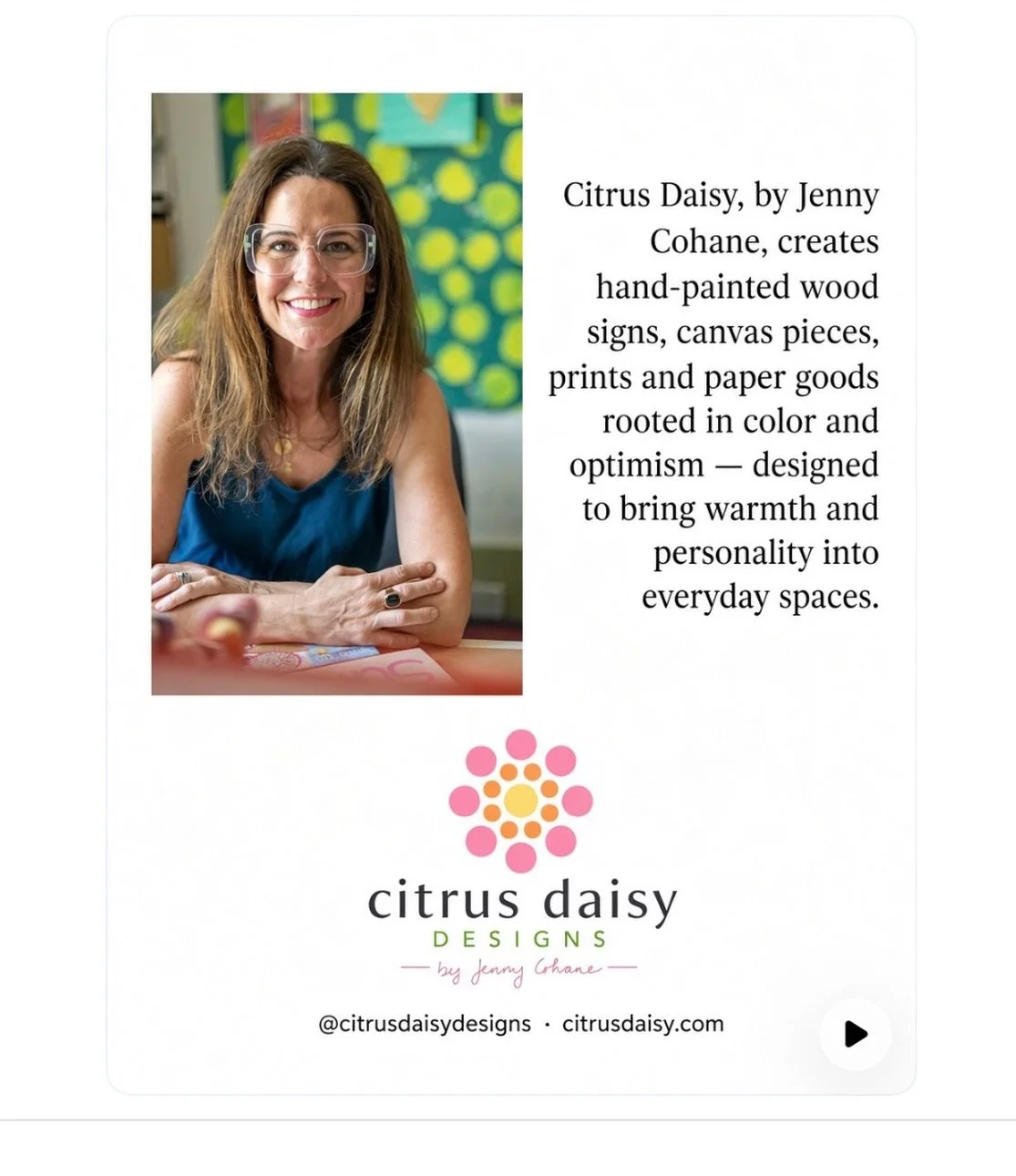 Just wanted to re-introduce myself as I have been meeting so many new people over the last few weeks. I am Jenny Cohane, the creative behind Citrus Daisy for the last 16 years. The core of my business was founded and continues to be wood signs using 