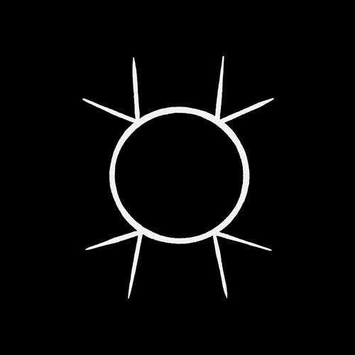 Geometric drawing of an outline square with sections divided by vertical, horizontal, and circle lines.