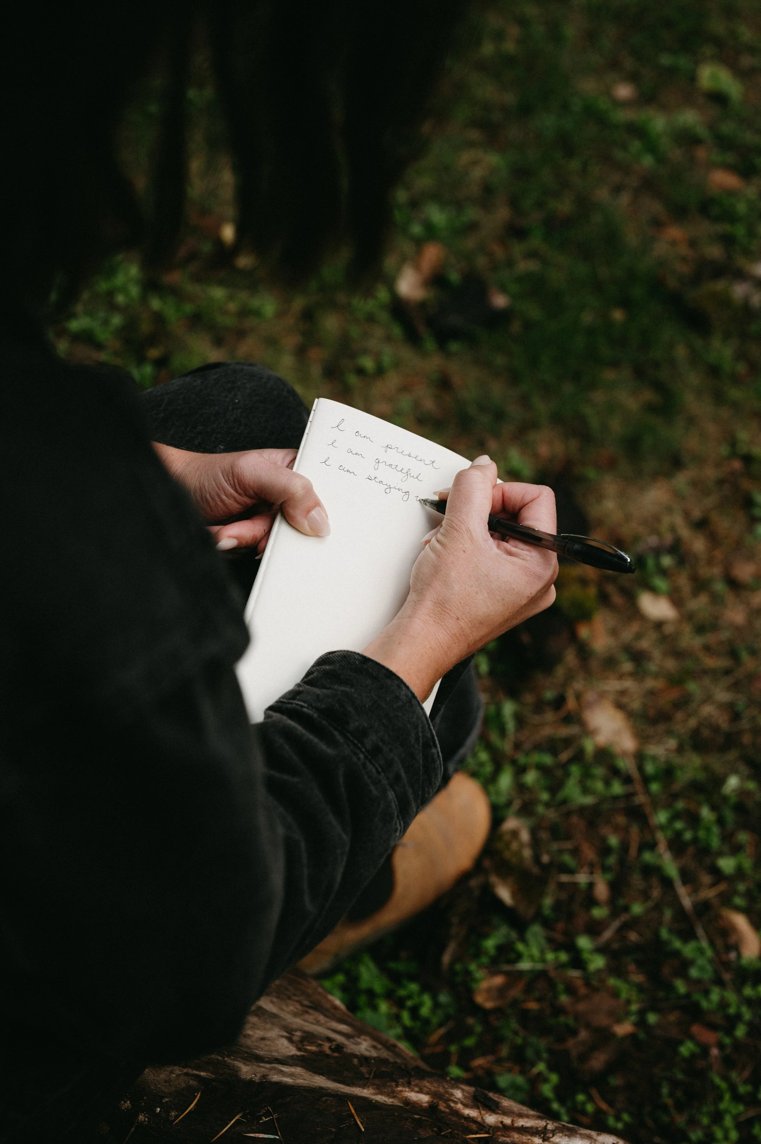 Person sitting outdoors on a tree stump, writing in a notebook with a pen, with a dog nearby on the grass.