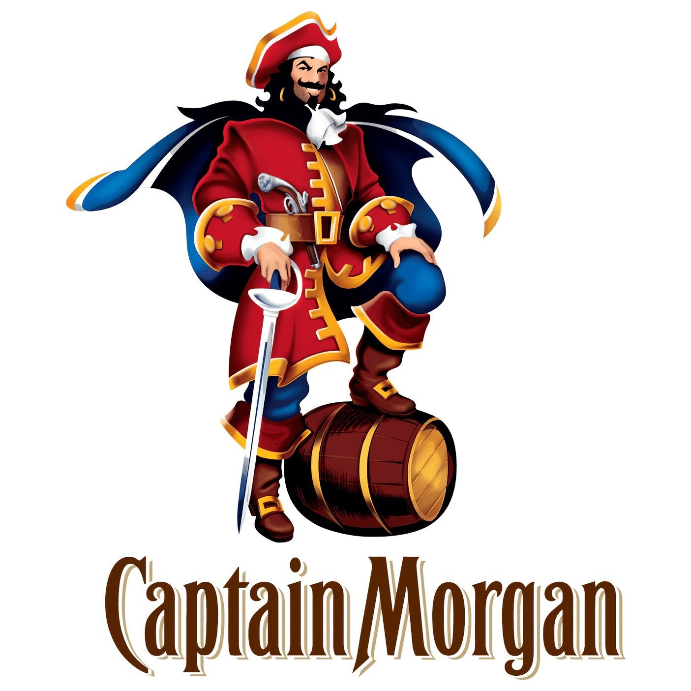 A cartoon pirate dressed as Captain Morgan standing with one foot on a barrel, holding a sword. The pirate has a red coat, a hat, and a blue cape. The text 'Captain Morgan' is written below.