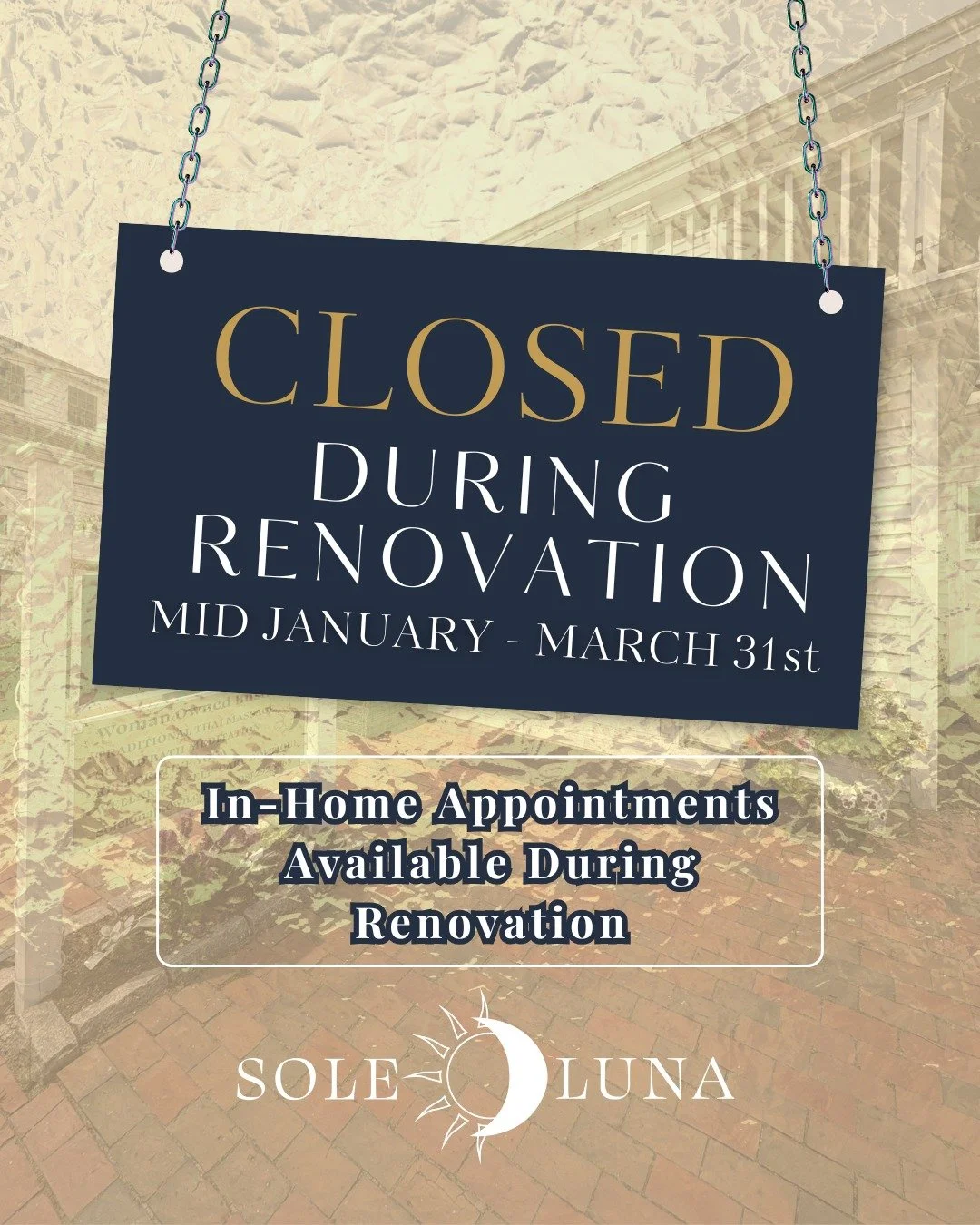 Sole Luna will be closed after the first week of January during construction. ⚠️🚧

Exciting new things are coming this Spring! 🌷☀️
Stay tuned as we share upcoming projects and behind-the-scenes progress along the way. 🔨🏠

All services are still a