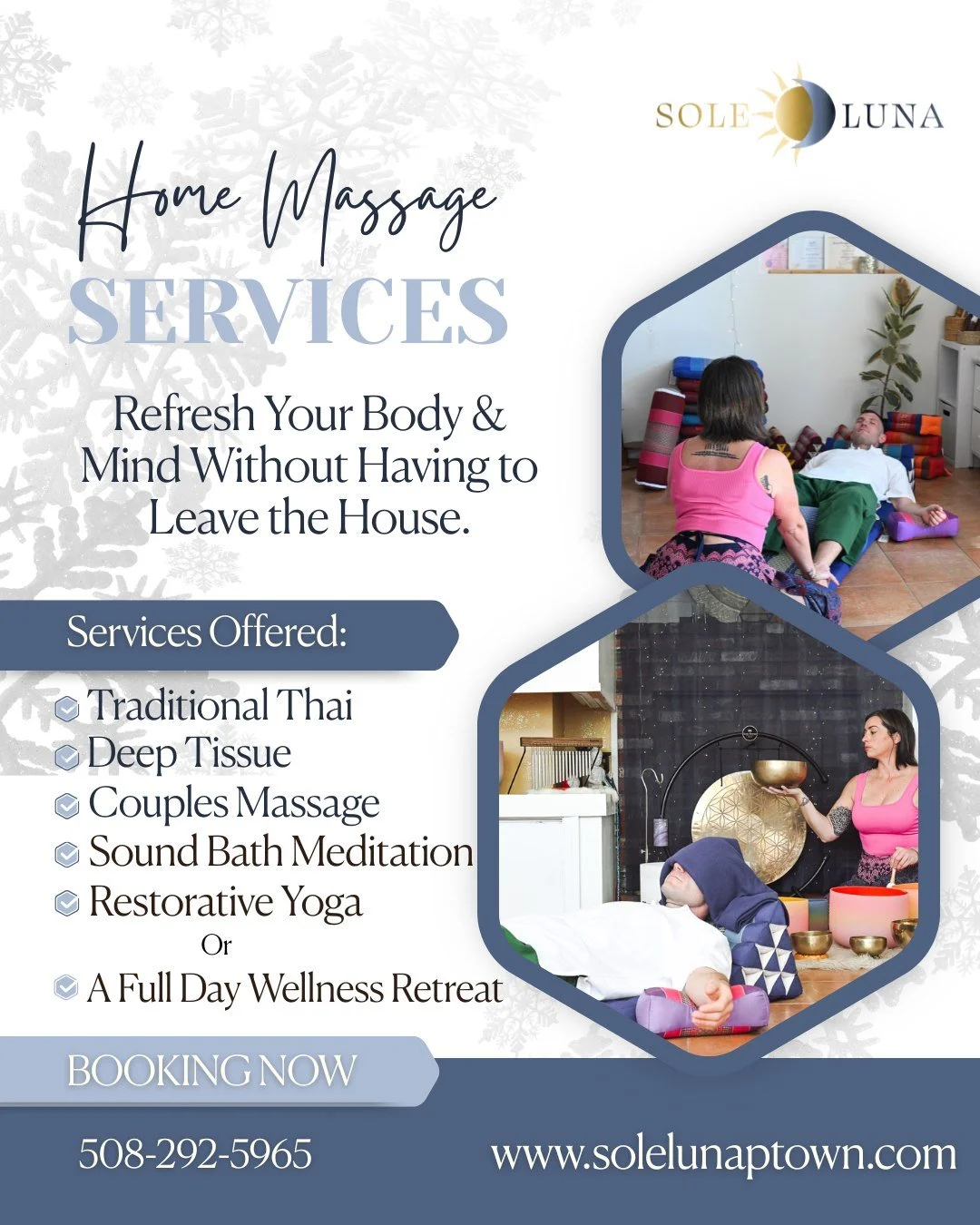 Did you know? 

Sole Luna offers at home services? 🏠 💆🏼&zwj;♂️ 🧘🏼&zwj;♀️ 

Have you ever enjoyed a massage in the comfort of your home, indulge in relaxation by not focusing on driving home? ☺️ 🏡 

Sole Luna offers multiple massage modalities t