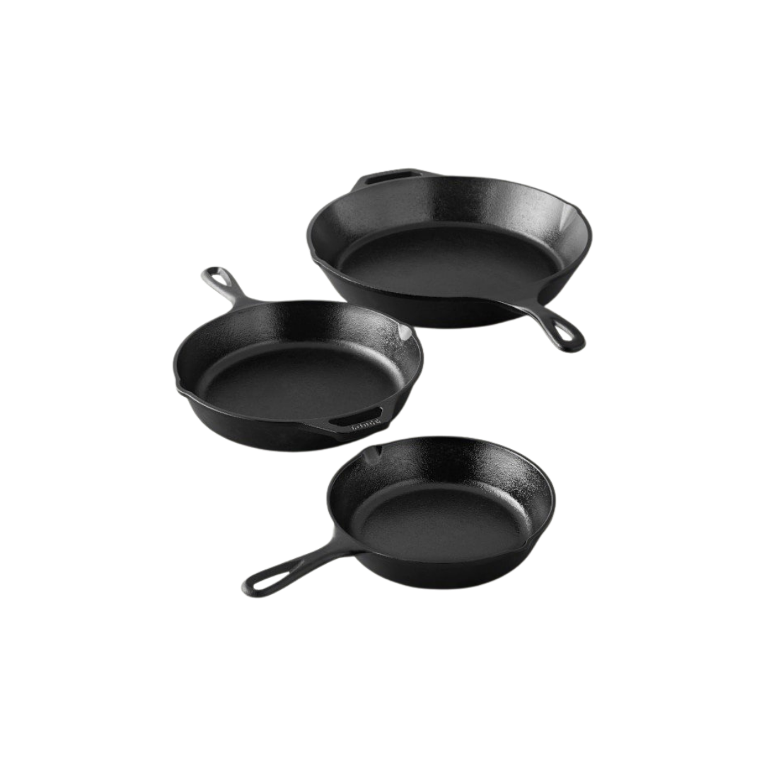 LODGE SEASONED CAST IRON SKILLETS, SET OF 3