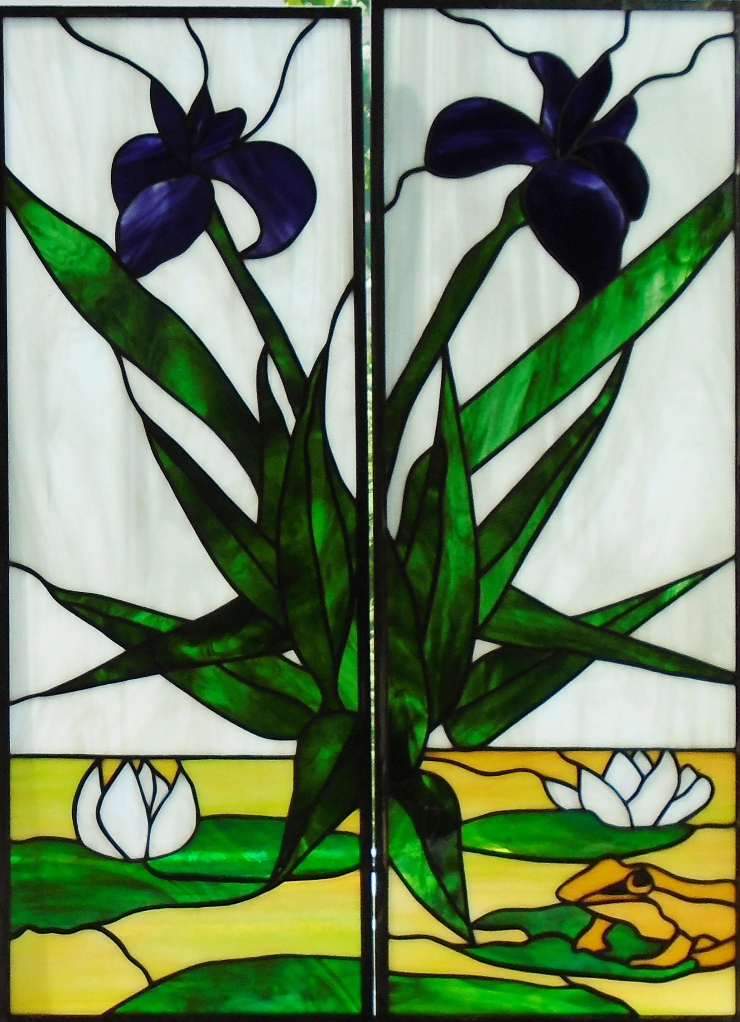 Commission - Iris and Water Lily - 2 panels - 55+ pieces - 10.5" x 29.5" each panel 