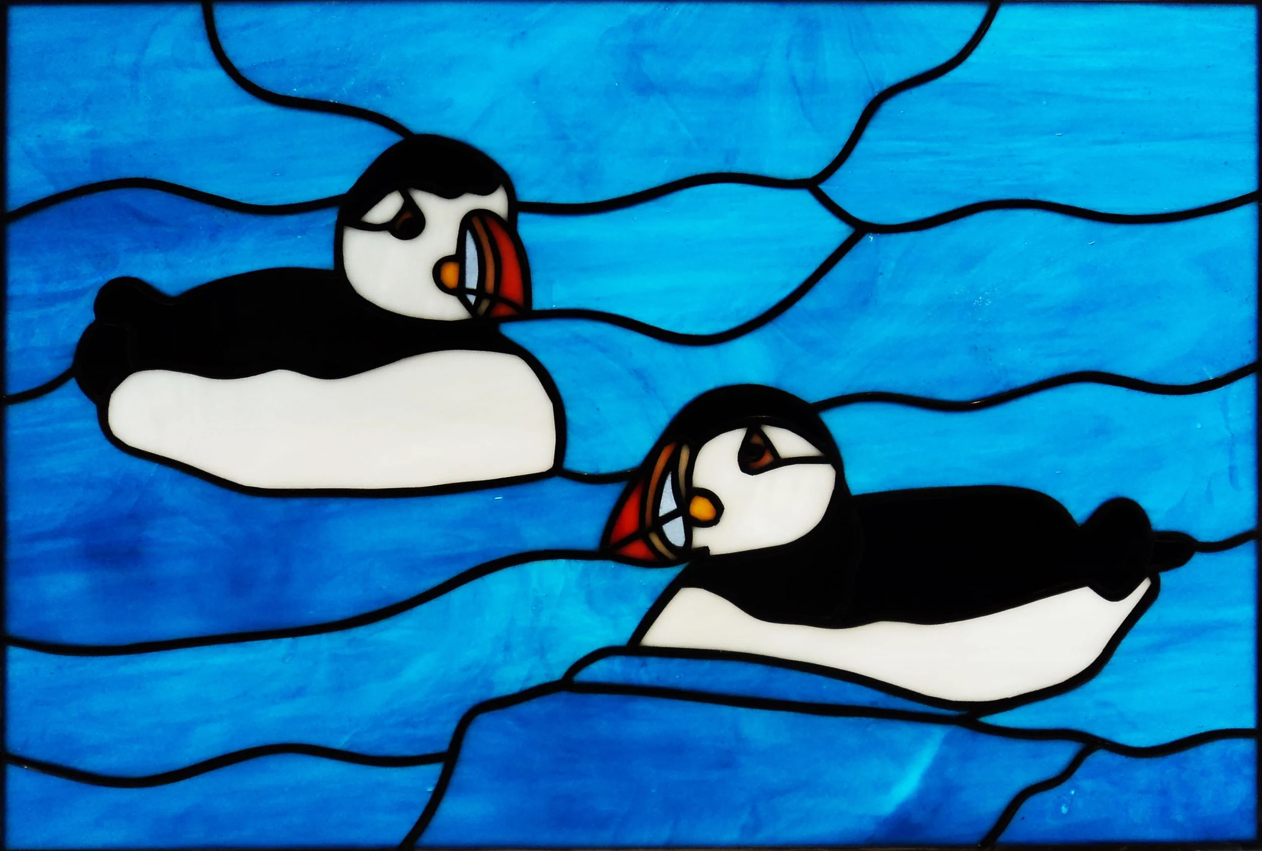 Commission - Swimming Puffins - 46 pieces - 18" x 13"