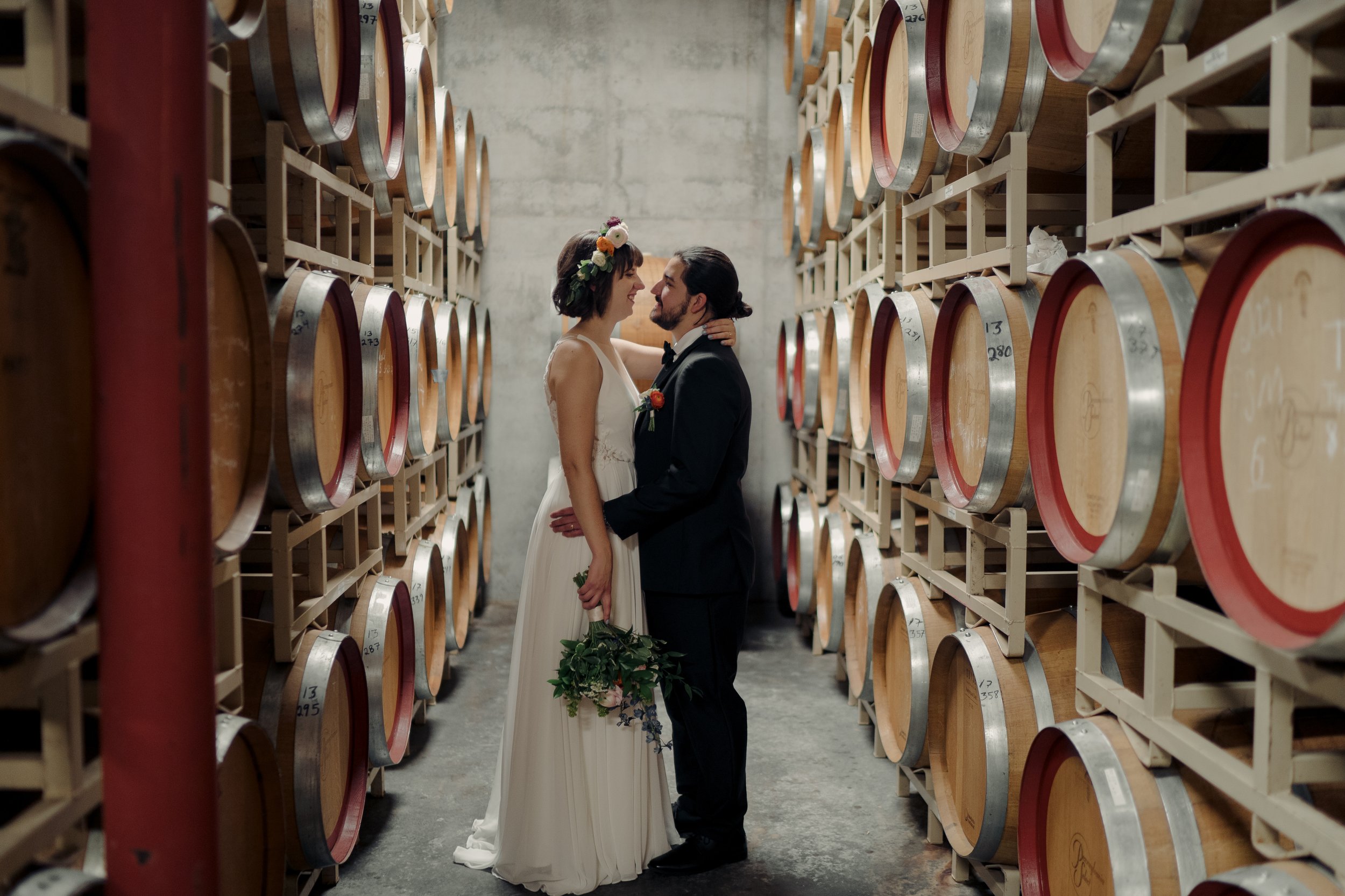 Wine cellar wedding portraits