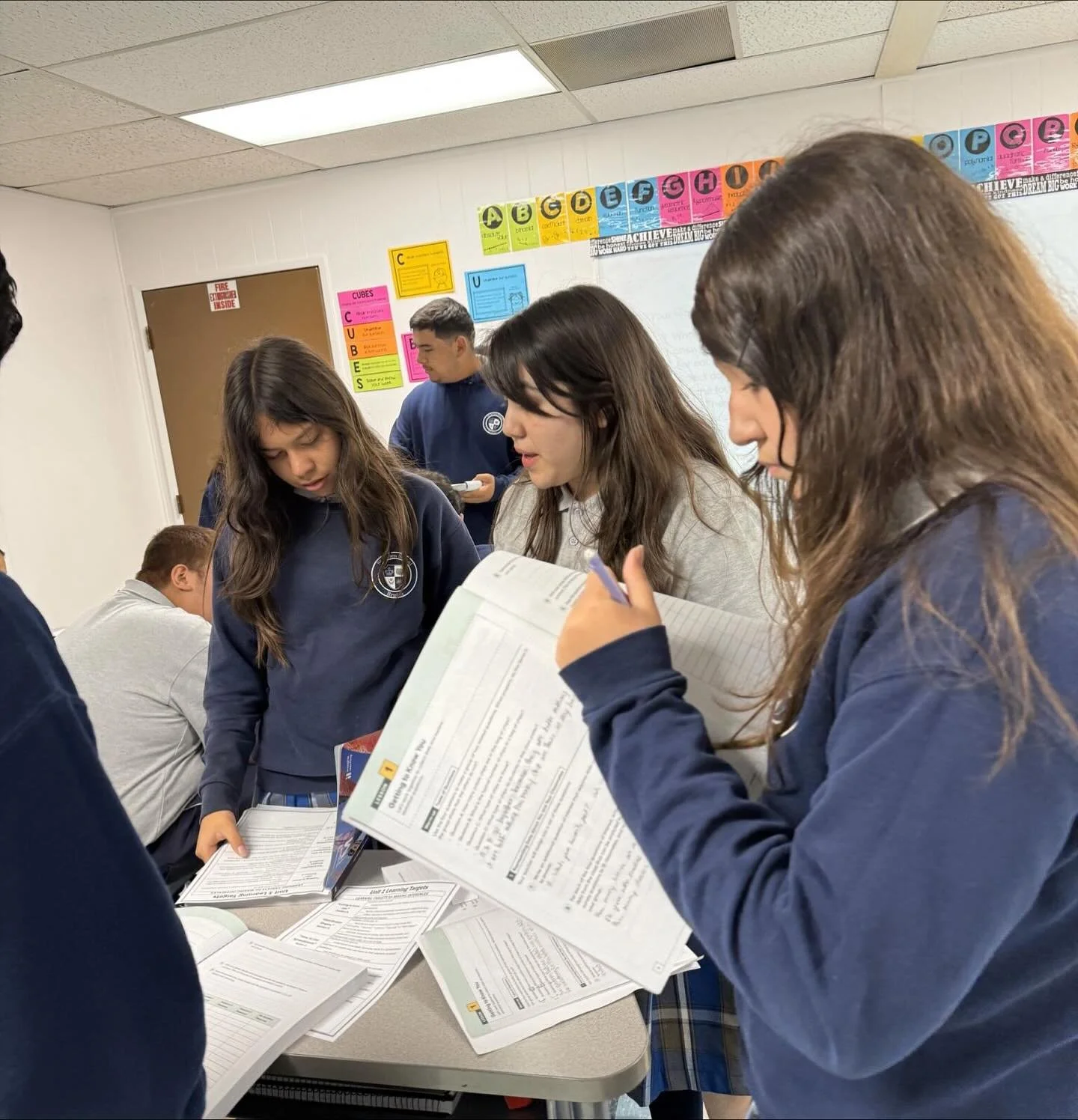 Onward 2 High School Algebra 1 Honors students at St. Helen School sharpened their collaboration skills to develop survey questions that yielded categorical or numerical data. Groups displayed their findings in graphs and gave each other feedback in 