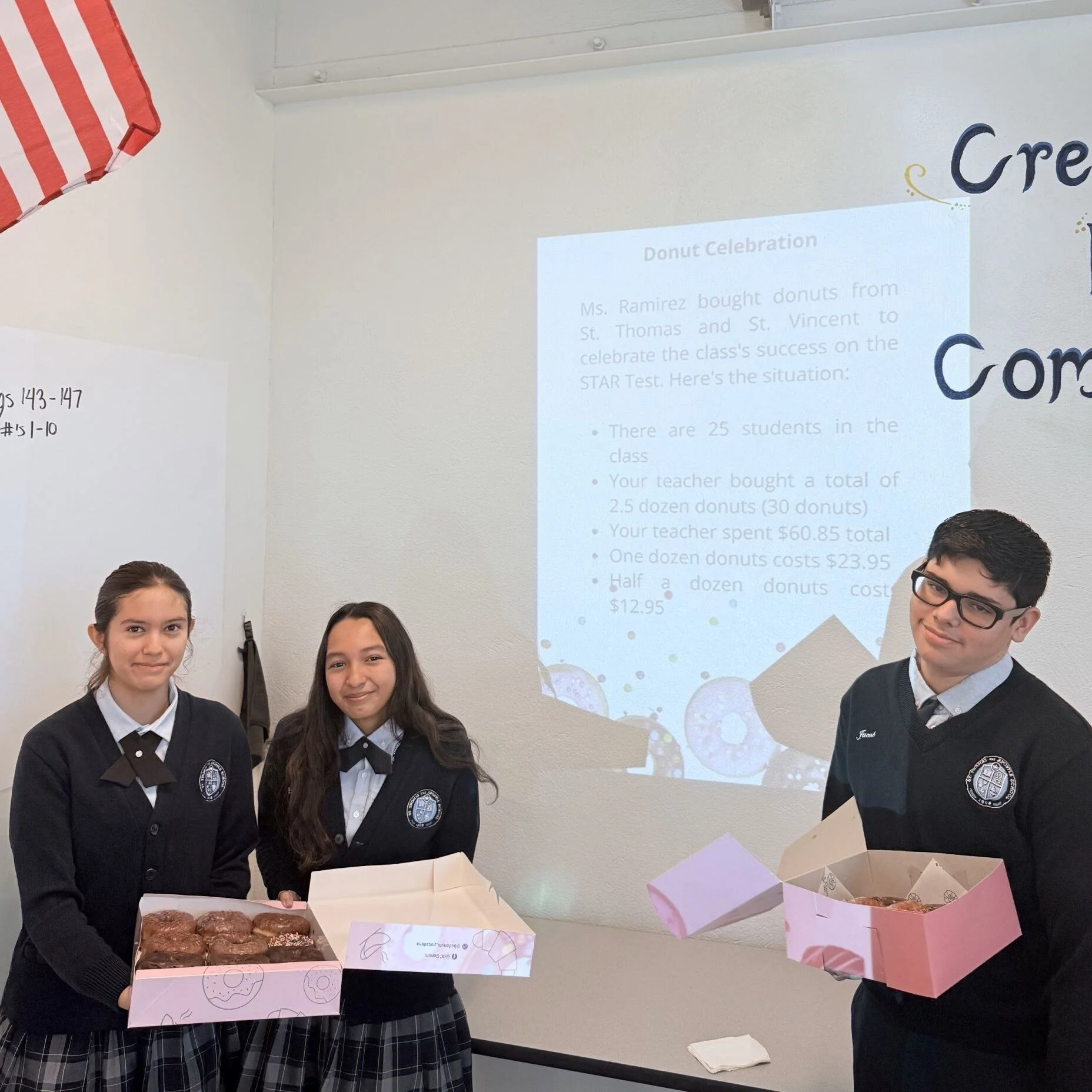 Algebra 1 Honors students at St. Thomas the Apostle School are celebrating Window 2 STAR results! Before they could enjoy the donuts from Ms. Ramirez, students used real‑world constraints to generate inequalities. Math before munching! Director Ramir
