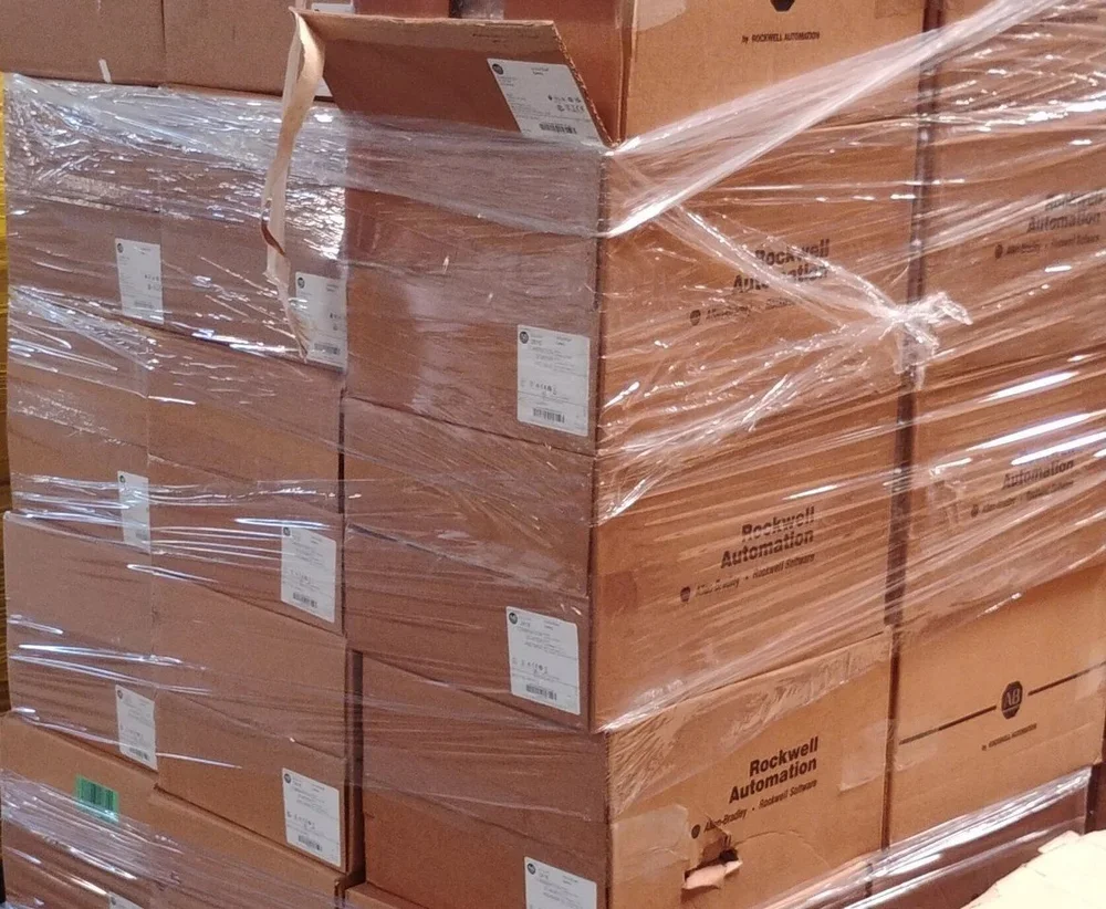 Shrink-wrapped pallets of boxed Allen-Bradley motor starters