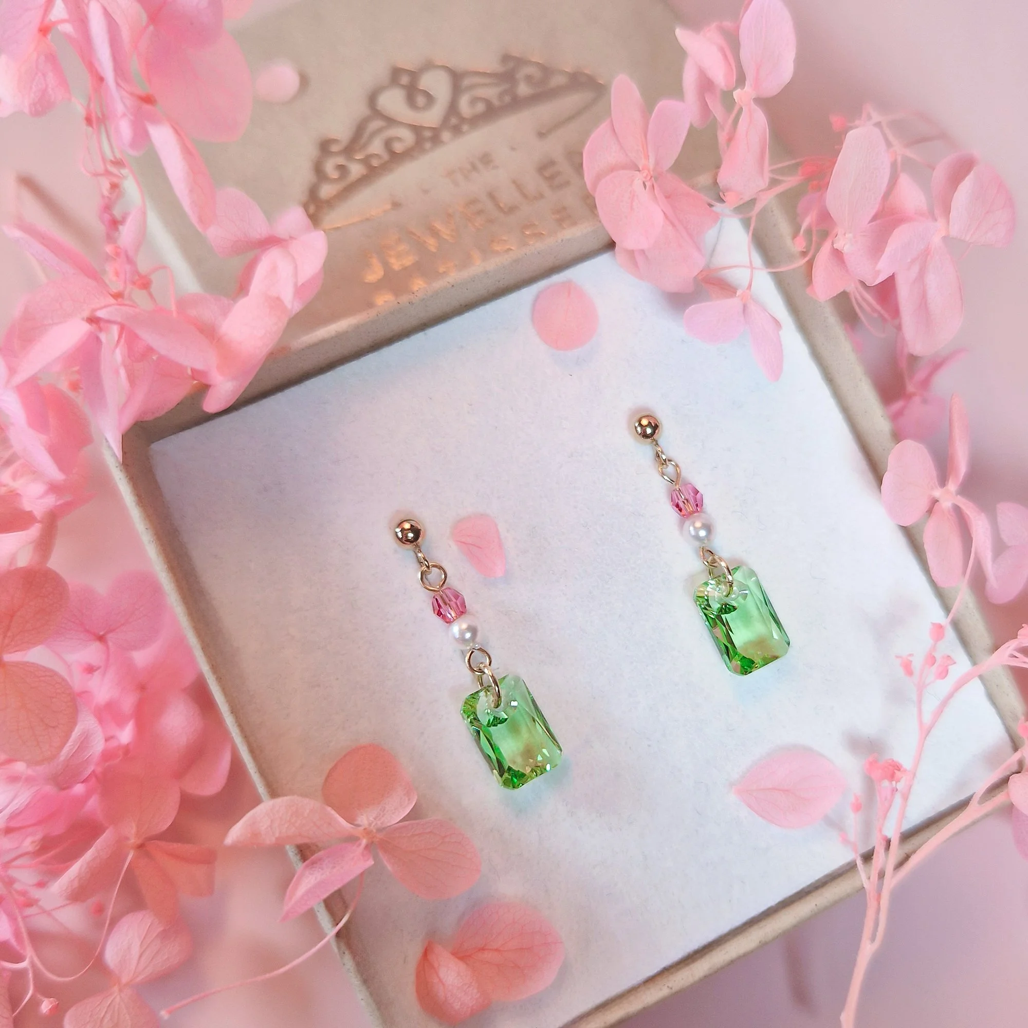Green and Pink Rectangular Dangle Earrings (Gold) 💚