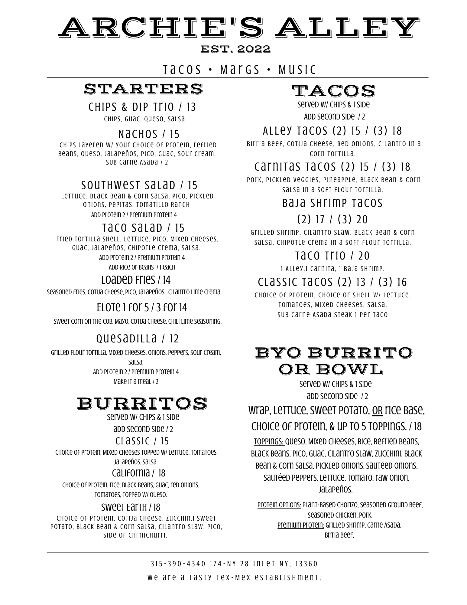 MENU — Archie's Alley