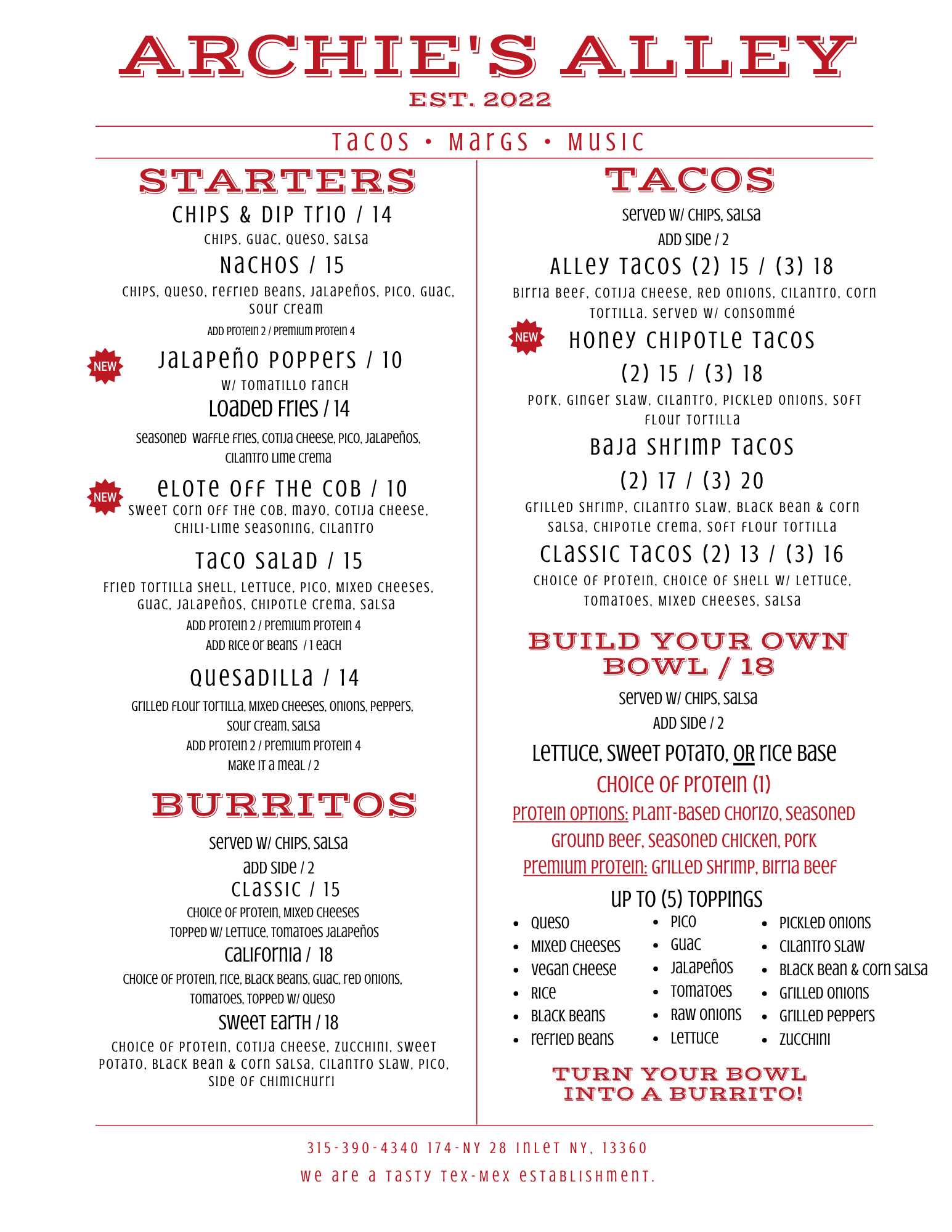 MENU — Archie's Alley