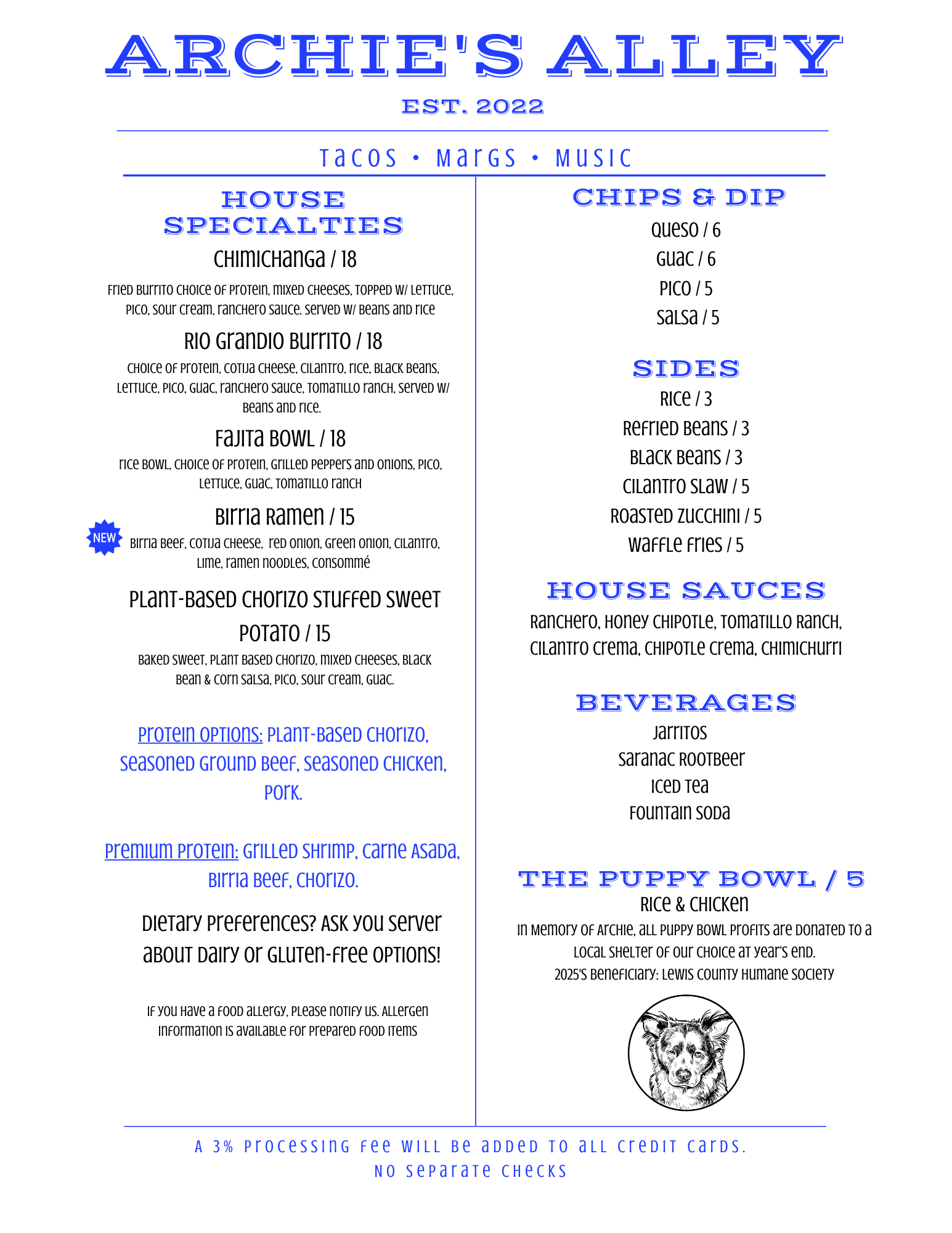 MENU — Archie's Alley