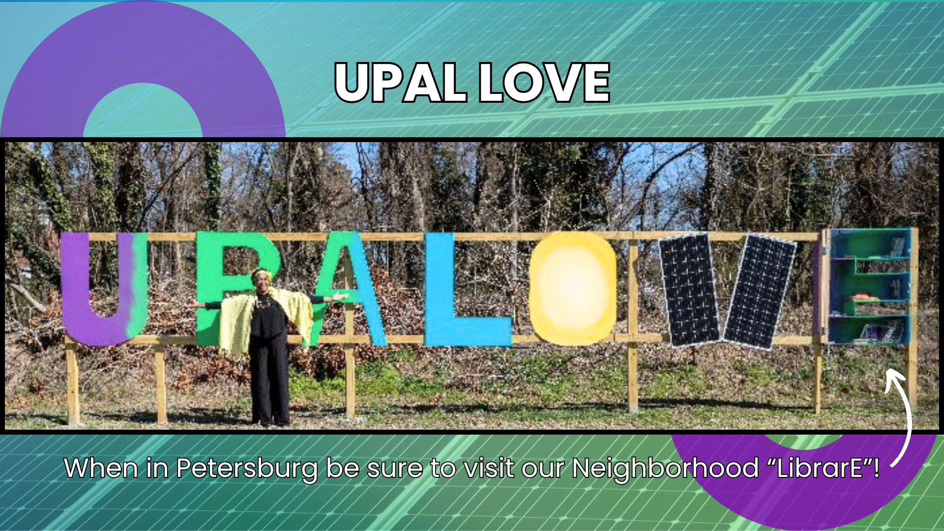 Colorful sign spelling out 'Uptown'. A person with a yellow towel draped over their shoulders stands in front of the sign, with trees and a blue sky in the background. The sign has solar panels attached to it.