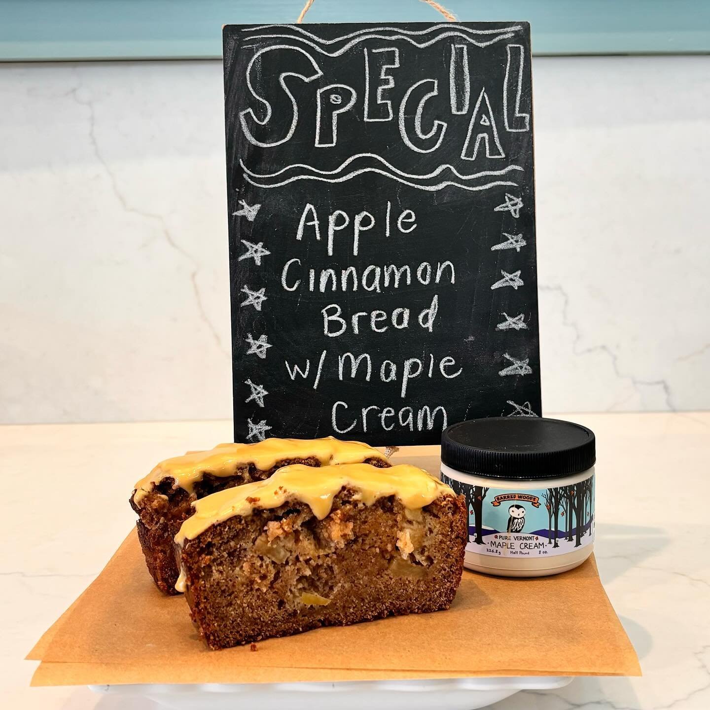 Special! Special! Come try our Apple Cinnamon Bread made with farm fresh apples and topped with local maple cream 🤯. Made in house and made with lots and lots of love 🥰