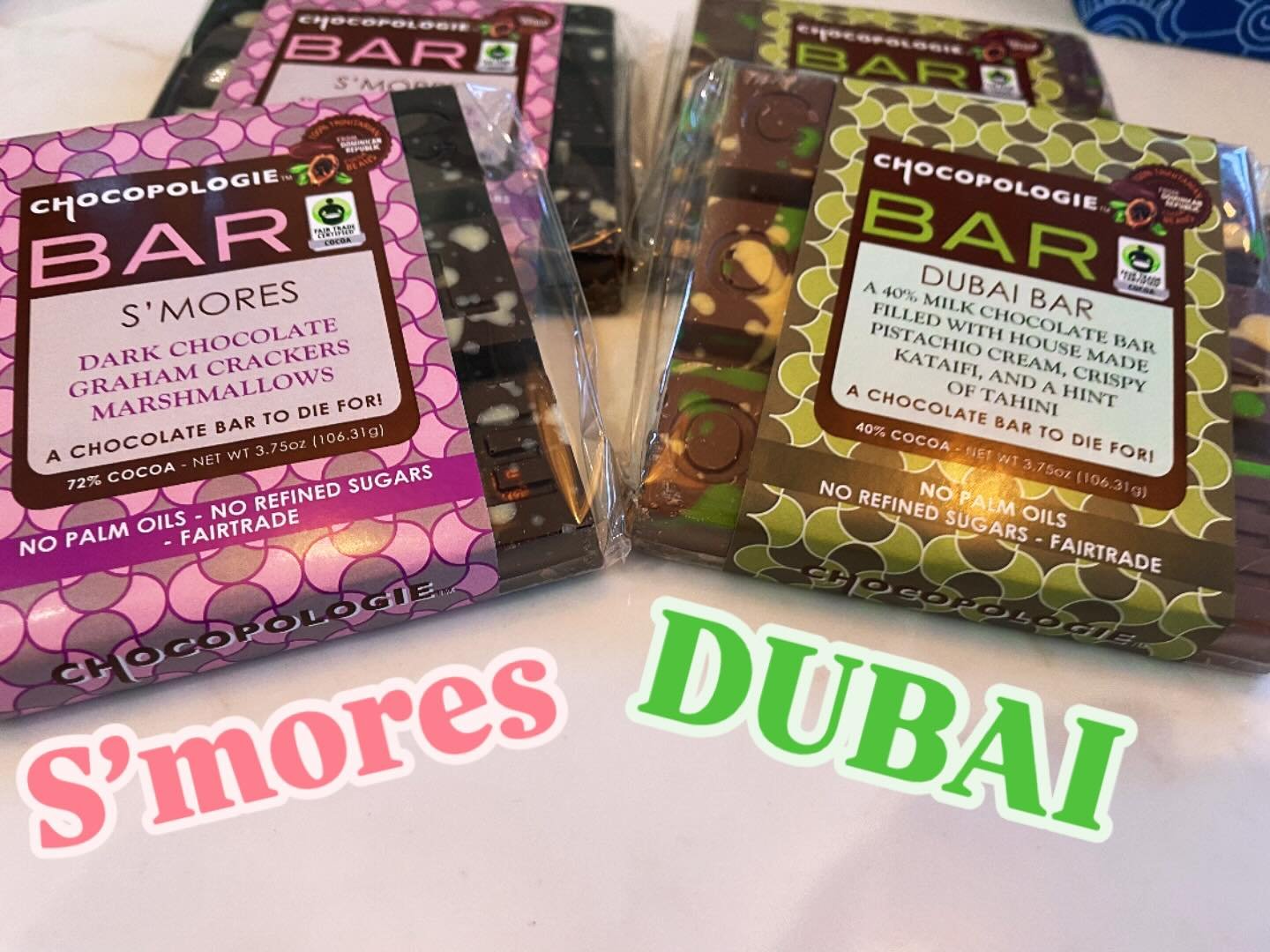 There Back Baby!!! So many of you have been patiently waiting for these delicious Chocolate Bars from Chocopoligie, first is the fan favorite #dubai and the newest addition is the #smores .. get them while you can!! 😉 
#chocolatelover #dubaichocolat