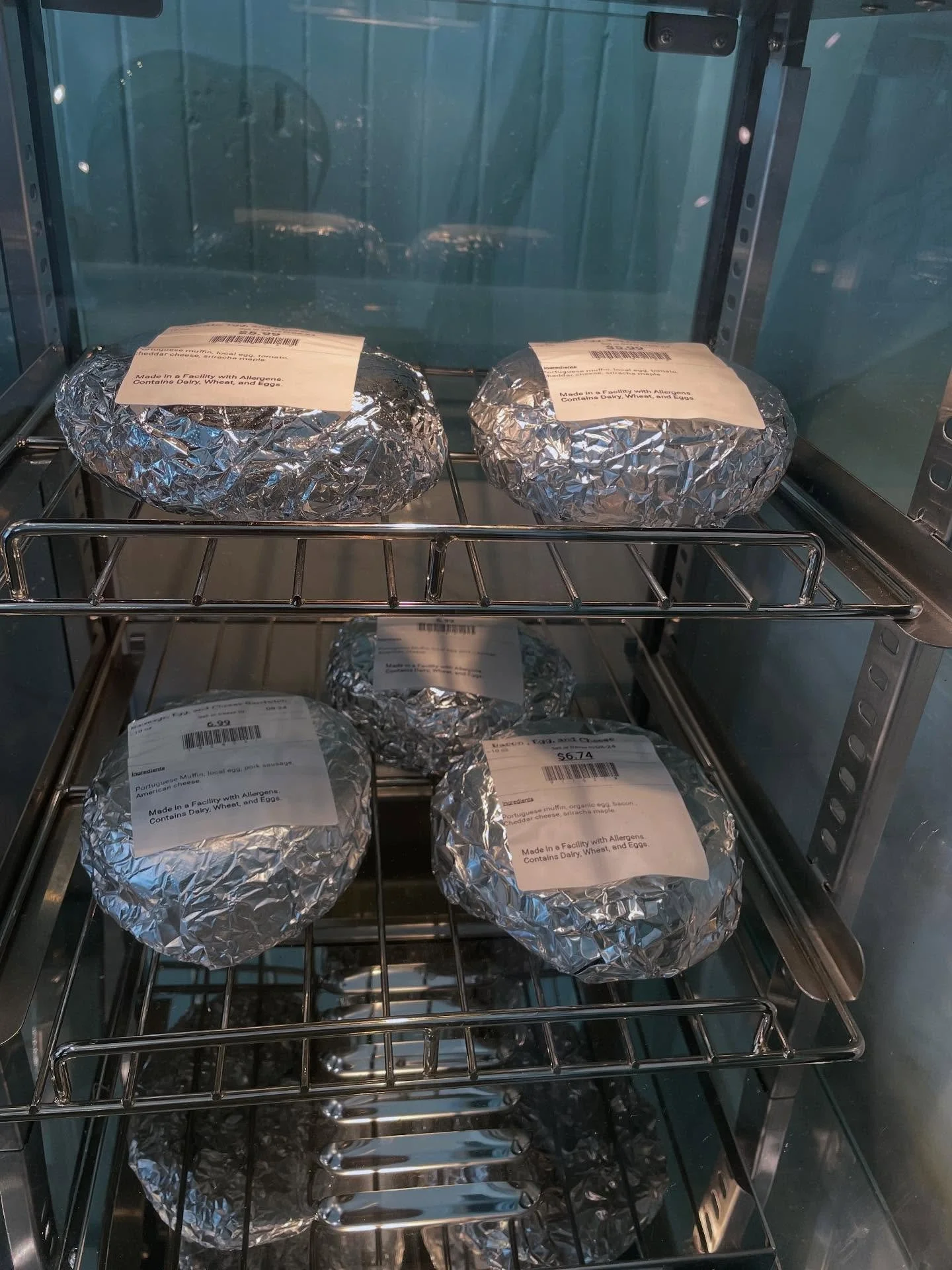 Fresh breakfast sandwiches included sausage, Bacon and Tomato for your pickings