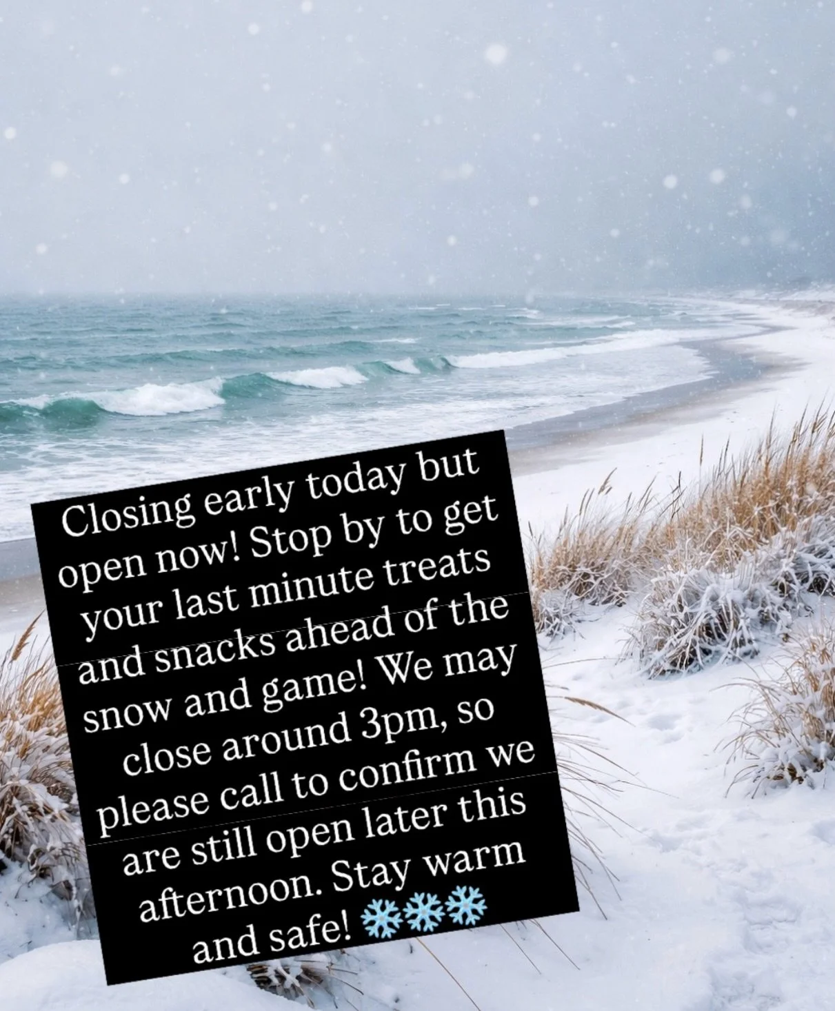 With the first major storm of the season, we may close around 3pm, so please call ahead to confirm we are still open. Get your last minute comfort food, treats and snacks before the snow and game starts!! Stay safe and warm!! ❄️❄️❄️