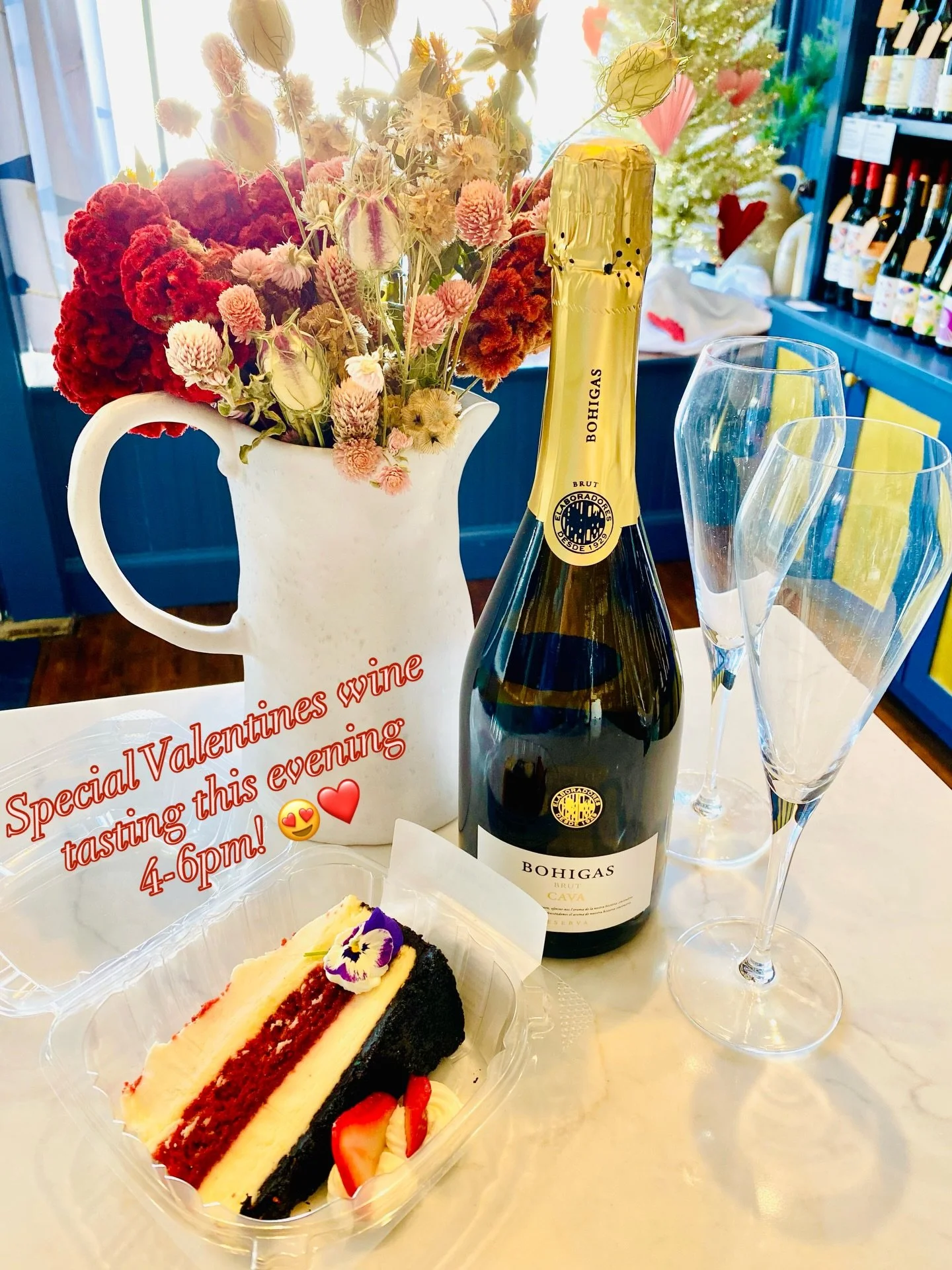 We have our special Valentines wine tasting this evening 4-6pm! Come on by to select some libations for the celebrations! You may be able to pick up a decadent red velvet cheesecake slice with whipped cream, edible flower and chocolate crust to top i