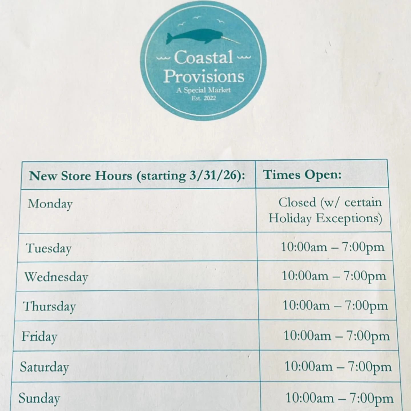 NEW Store Hours in case you haven&rsquo;t seen our updates yet. We will be closed Mondays (with the exception of certain holidays that may fall on a Monday), and we are shifting opening time to 10am, closing at 7pm all other weekdays, Tuesdays thru S