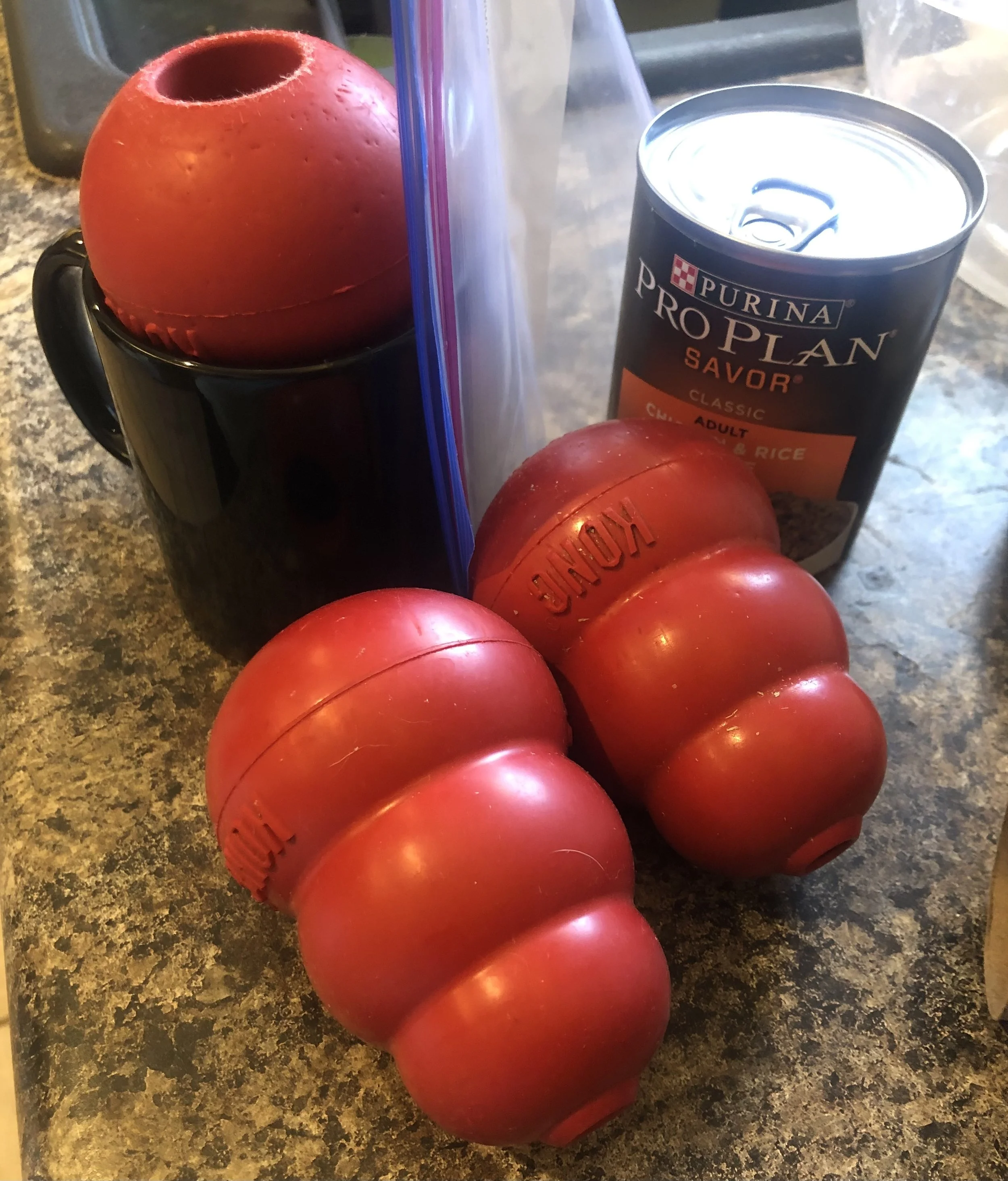 Preparing frozen Kongs as doggie pacifiers and enrichment for life with dog and baby.
