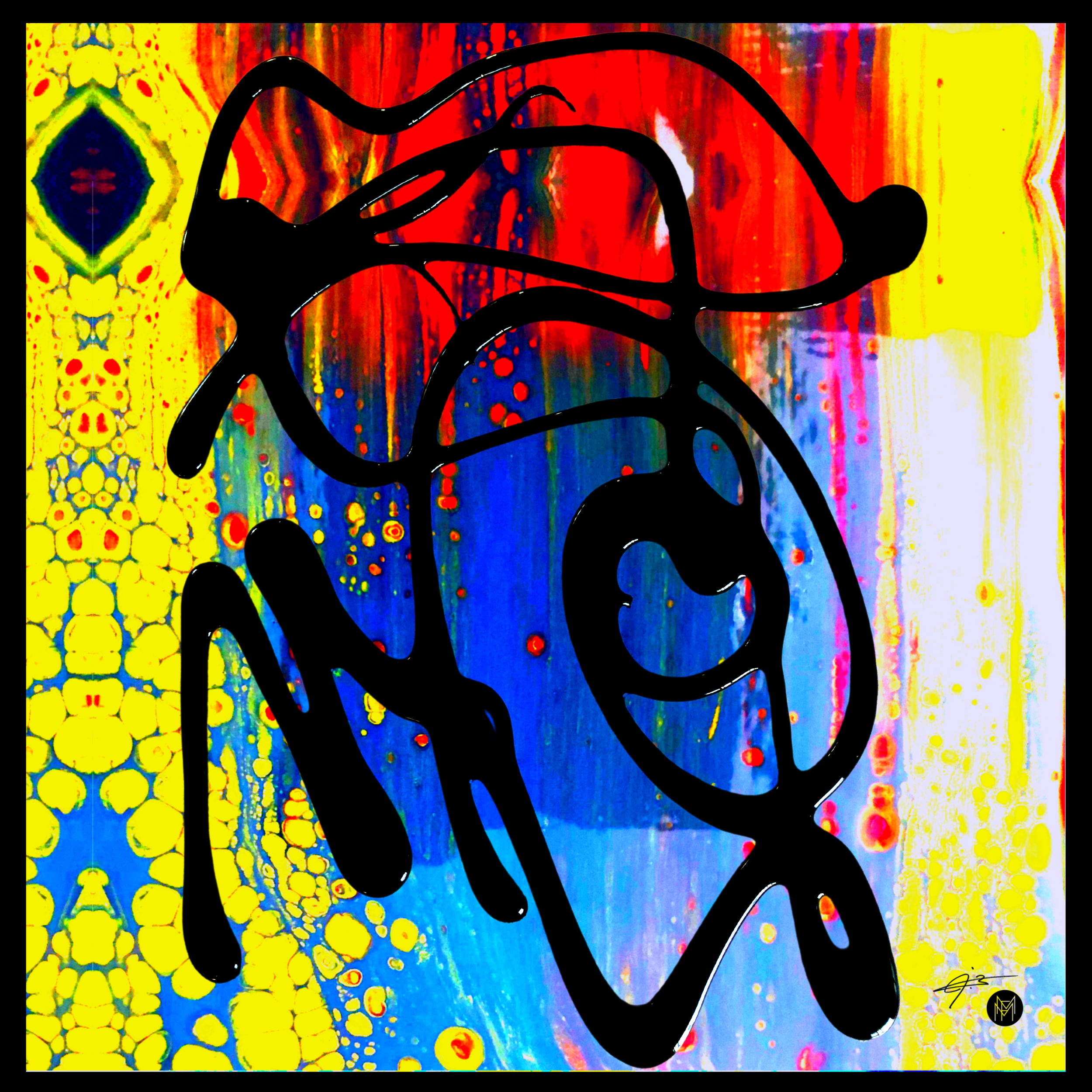 Abstract painting with vibrant colors including red, blue, yellow, and green, and a black outline of an abstract, stylized animal figure overlayed on the background.