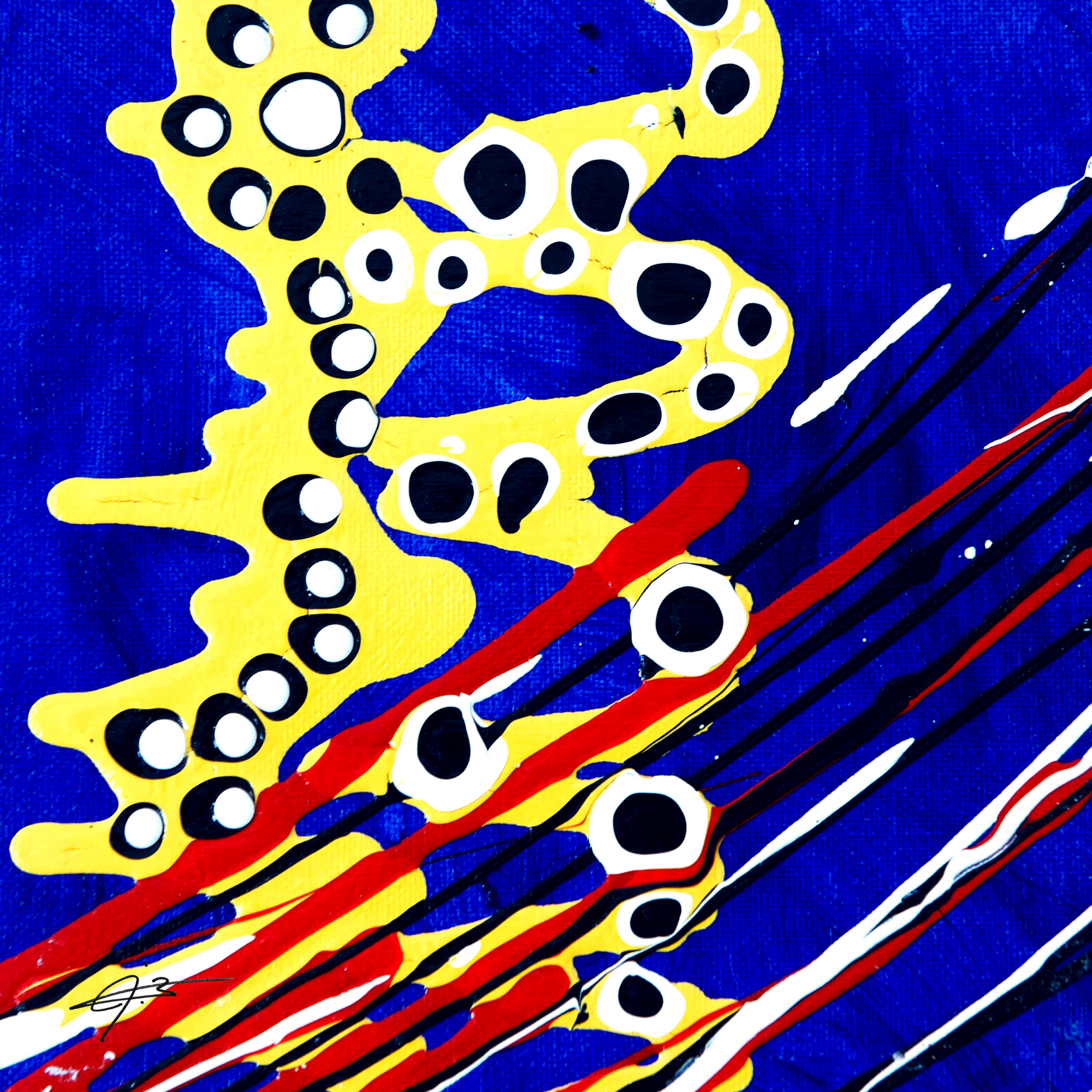 Abstract painting with yellow, black, white, red, and blue colors, featuring circular and linear patterns.