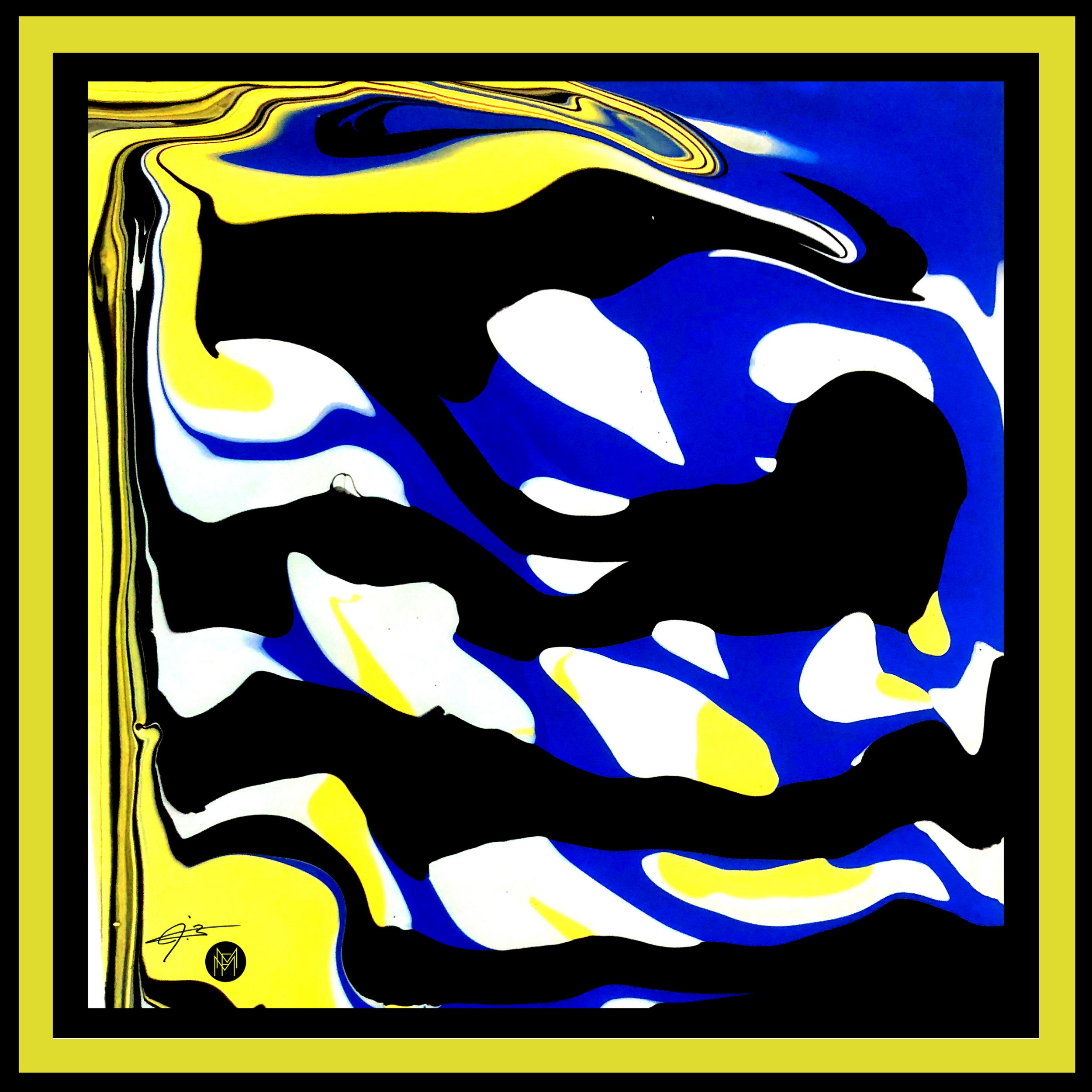 Abstract painting with swirling black, white, yellow, and blue colors framed by a yellow and black border.