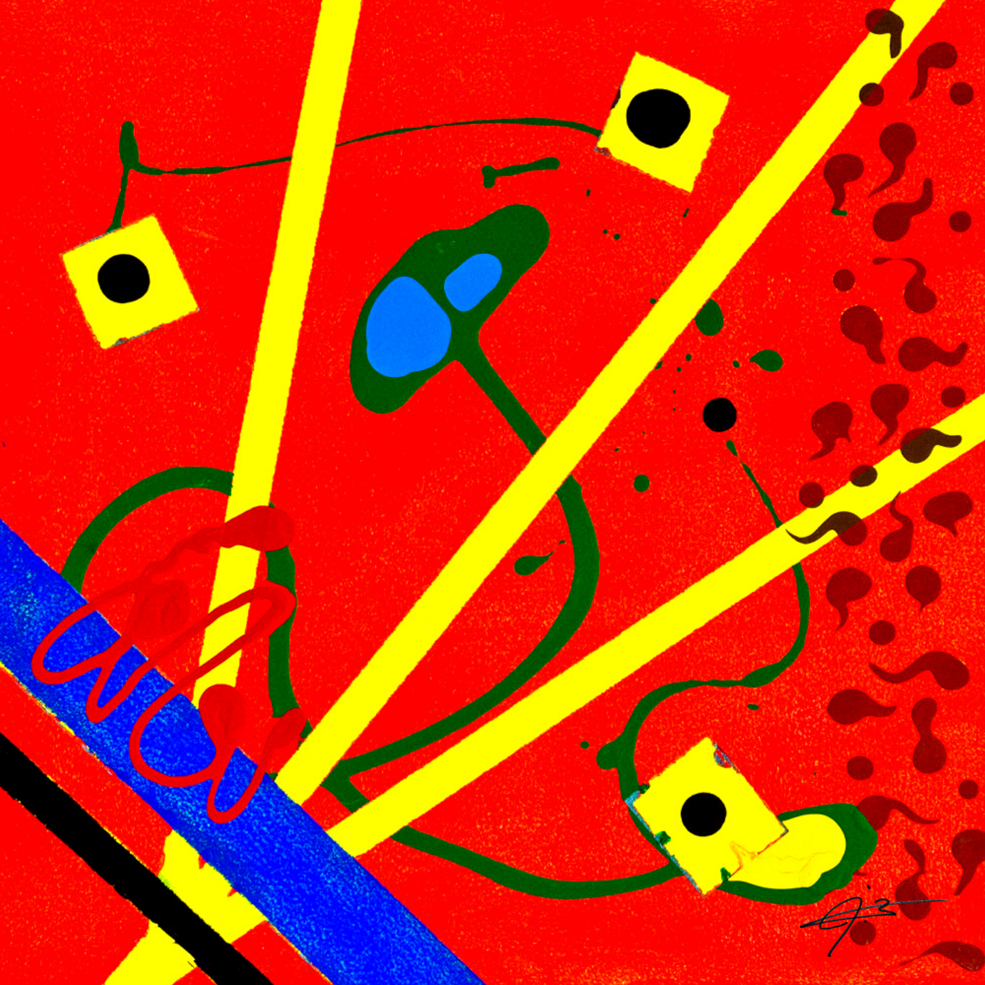 Abstract colorful artwork with red background, yellow and blue geometric shapes, and green lines and blobs.