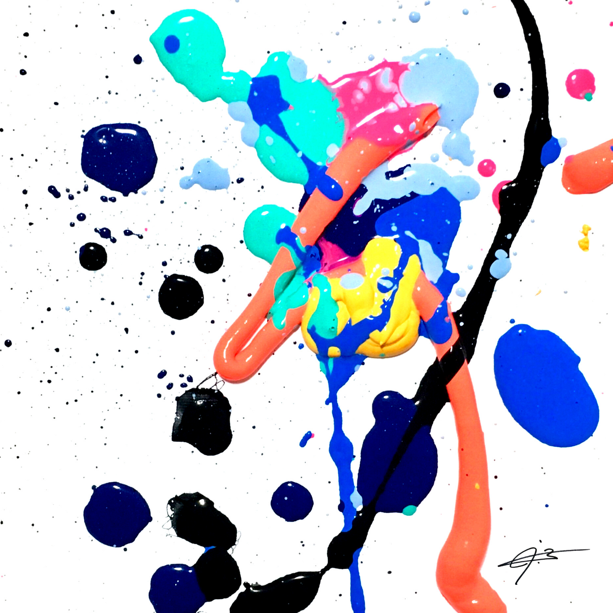 Abstract art with splashes of vibrant colors including blue, pink, yellow, black, and orange on a white background, resembling an energetic explosion or splash.