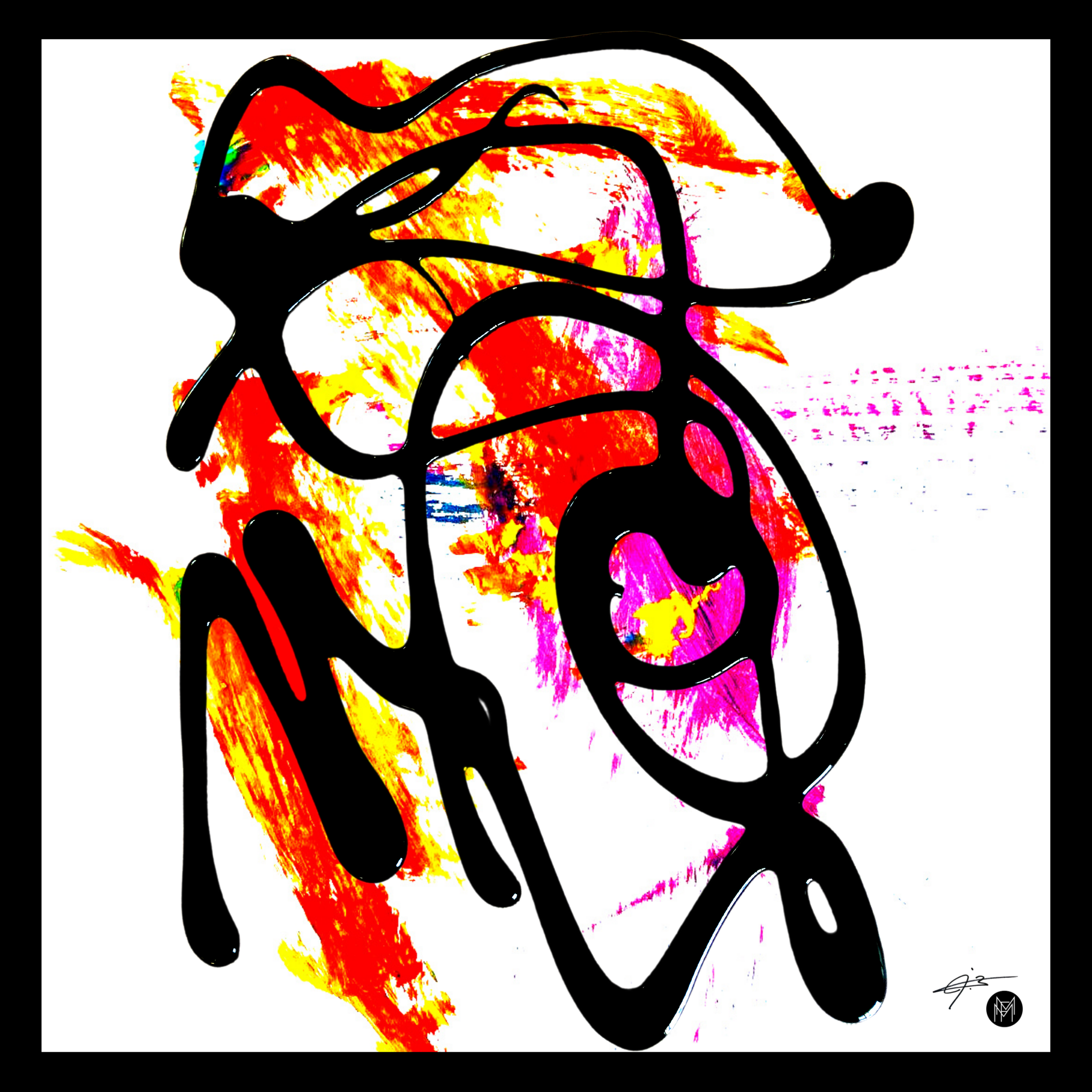 Abstract art featuring bold black lines creating an outline of a boy and a girl on a vibrant, colorful background with splashes of red, yellow, pink, and blue.