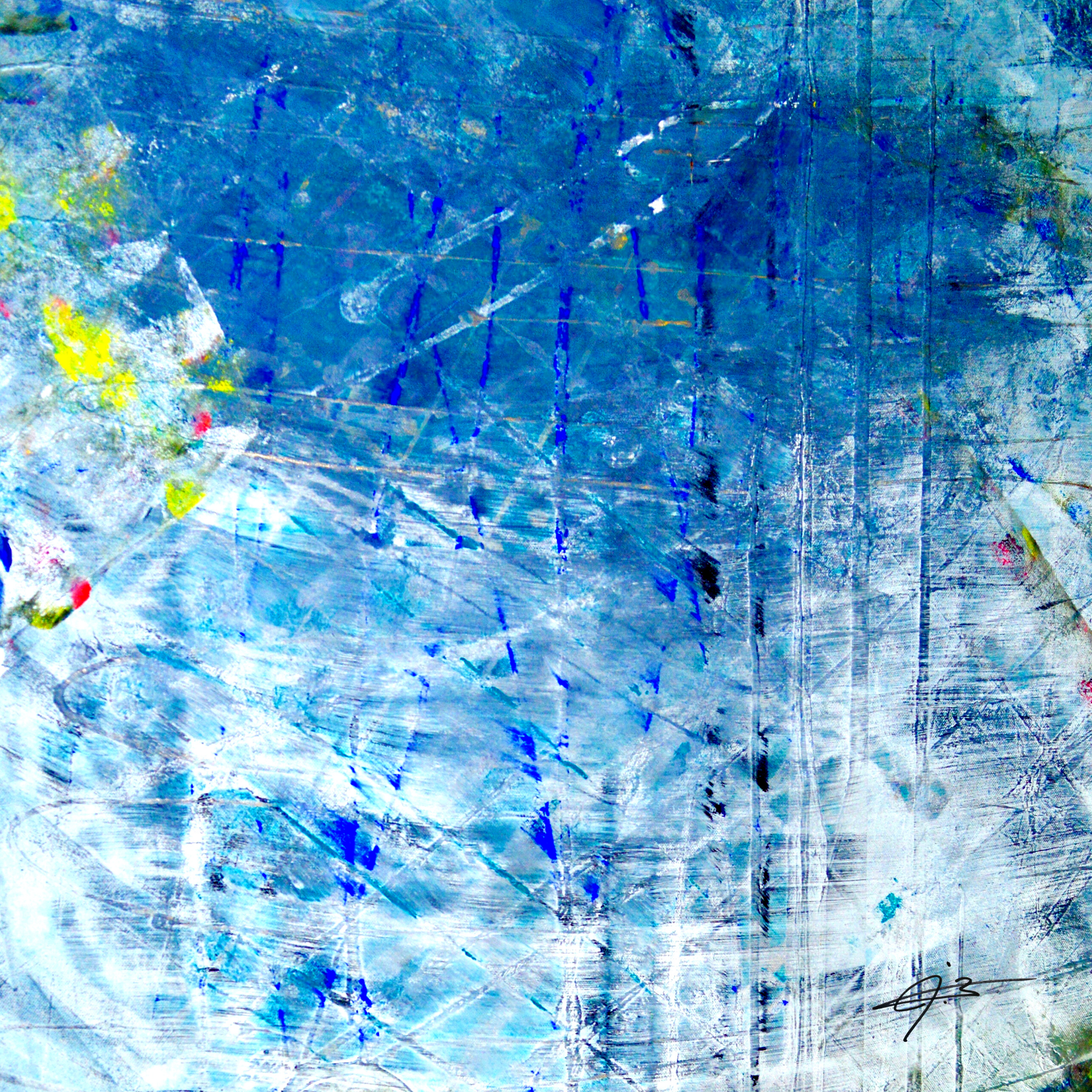 Abstract blue and white textured artwork with streaks, scribbles, and splatters.