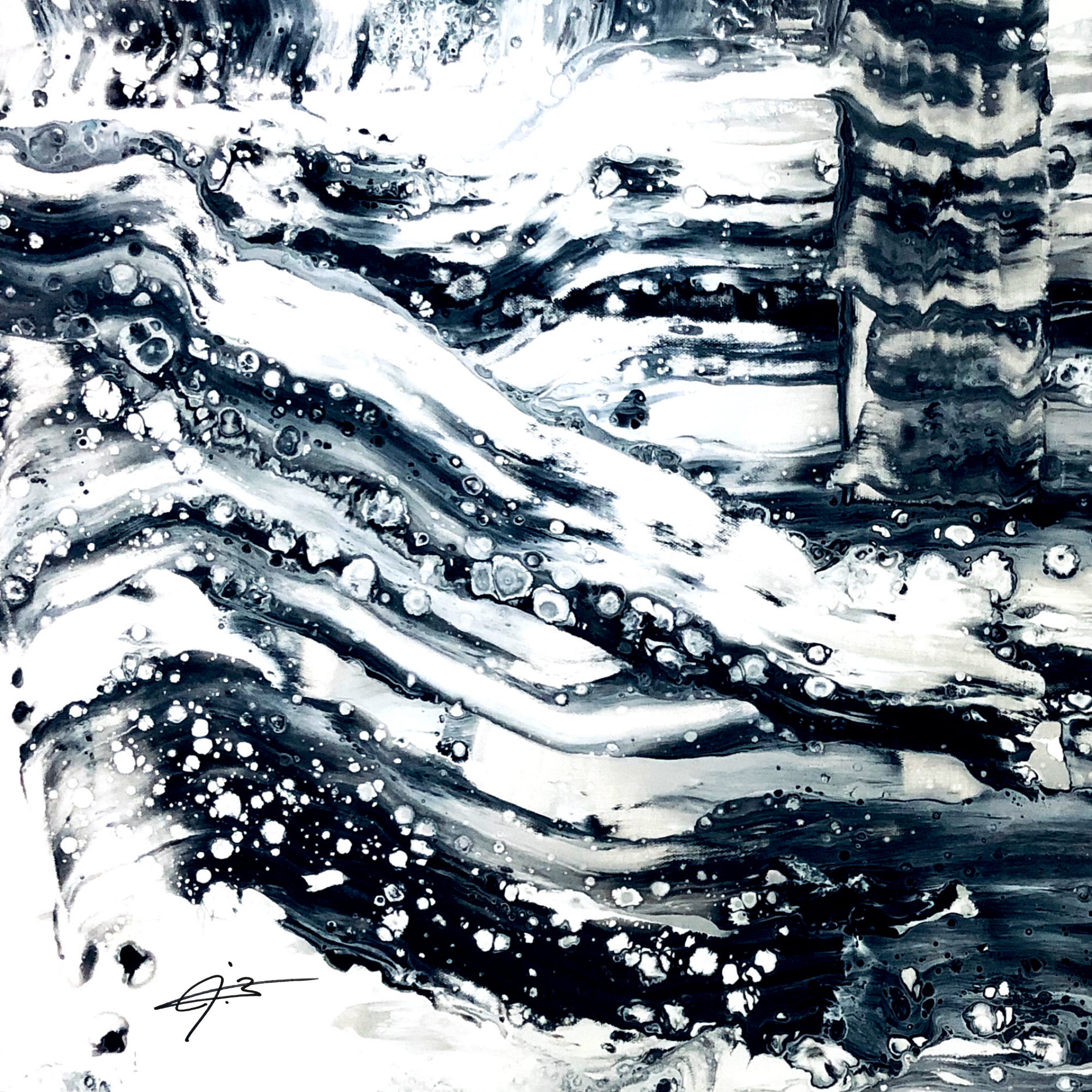 Abstract black and white painting with swirling patterns and splatters.