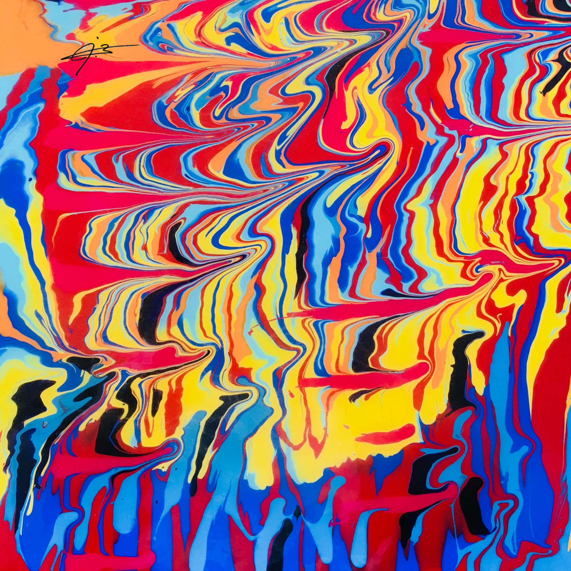 Abstract swirl of bright red, yellow, blue, black, and orange paint in a marbled pattern.