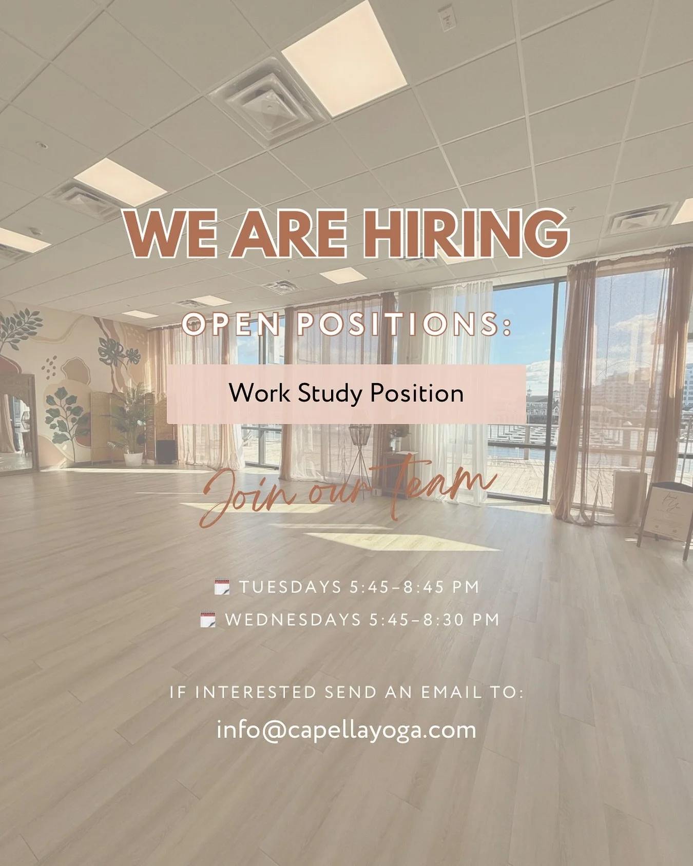 ✨ Join Our Work Study Program! 

Love yoga but wish there was a way to practice without paying full price? Value community and want to be more involved at Capella? We&rsquo;re looking for a Work Study teammate to help out:

🗓 Tuesdays 5:45&ndash;8:4