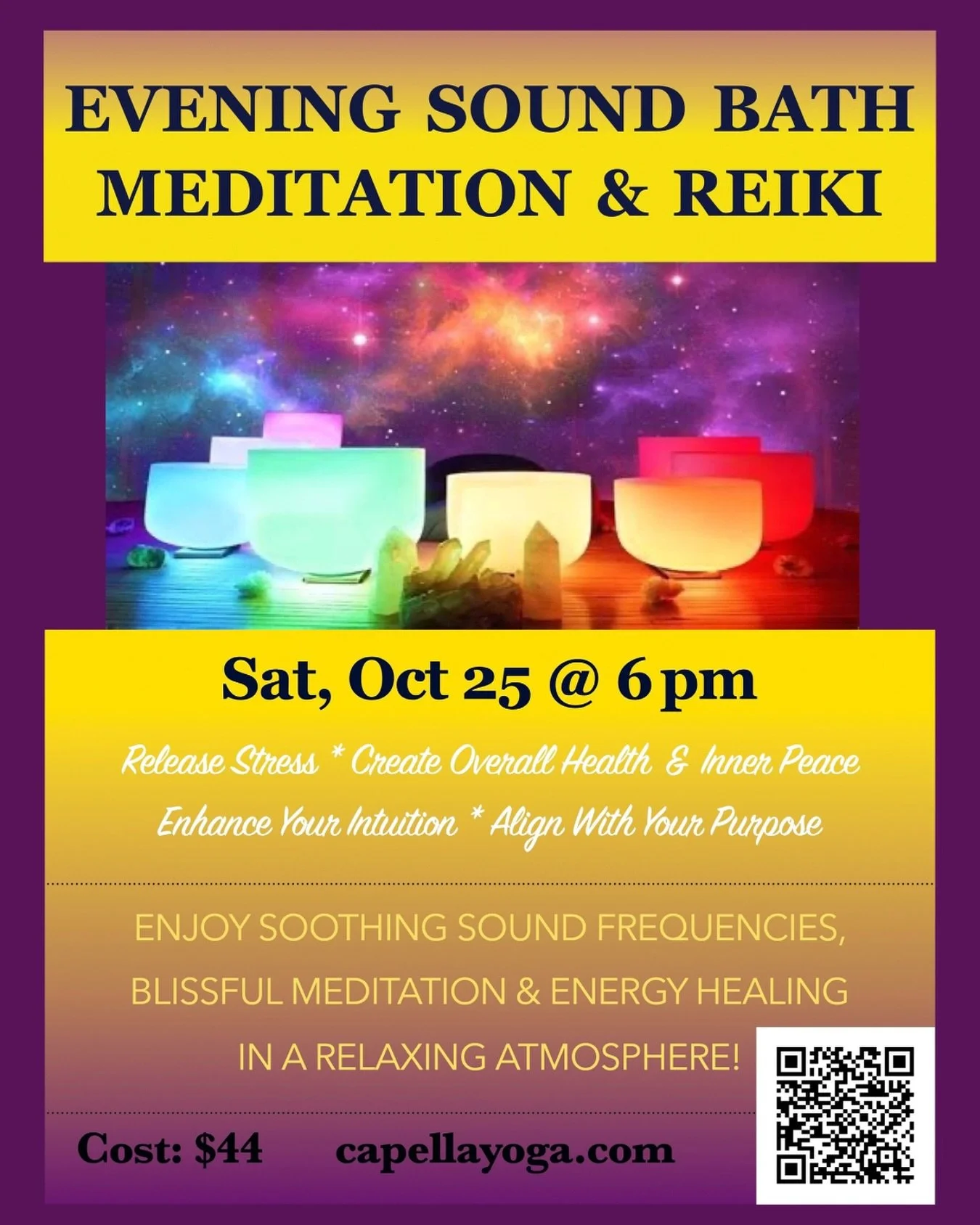 How lucky are we to be able to share this monthly event with each and everyone of you @capellayoga 
.
Join us for a deeply relaxing Sound Bath, Meditation & Reiki on Sat, 10/25 at 6pm EST hosted by @thrivewithkatalin 
.
This evening treat is desi