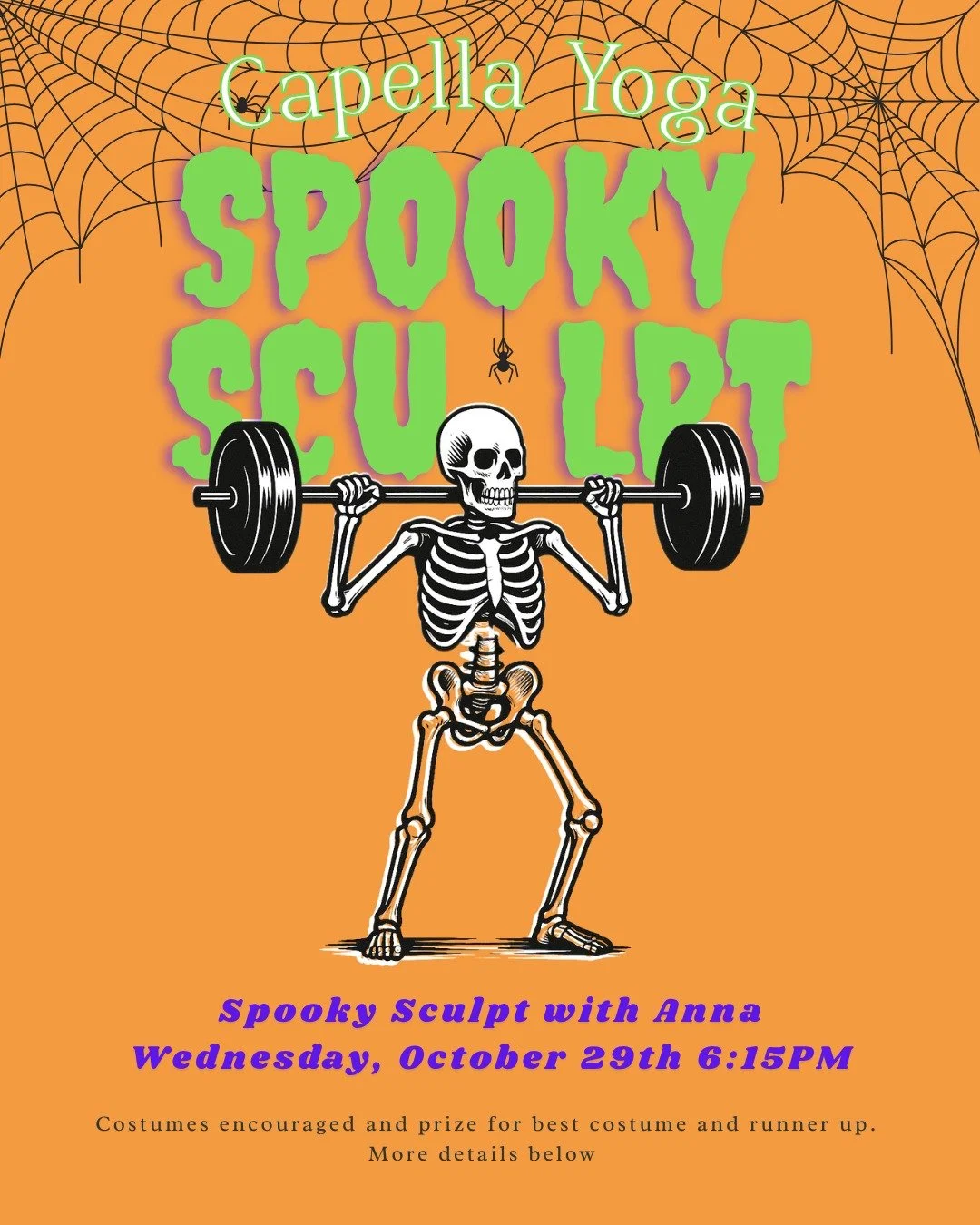 Spooky Sculpt 👻
Wednesday, October 29th 6:15PM with Anna @annatonseth 
Get ready to sweat, sculpt, and celebrate the season with Spooky Sculpt—a Halloween-themed Yoga Sculpt class full of festive energy and fiery movement! 
We’ll mix