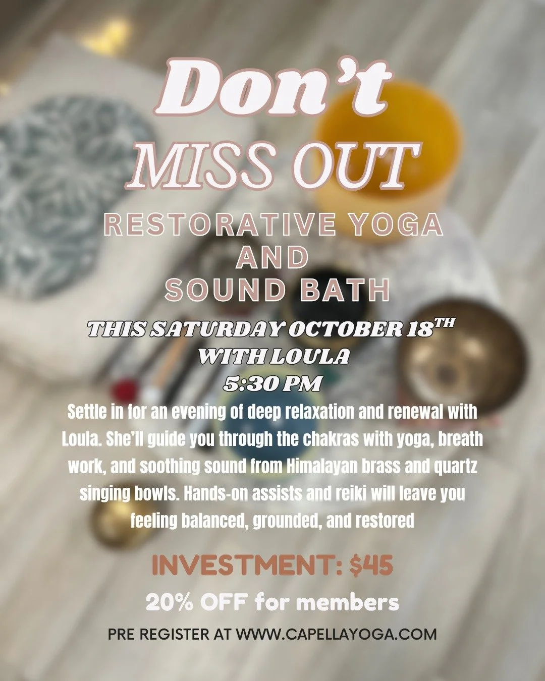 A fall evening made for slowing down 🍂
Join us Saturday, October 18th at 5:30 PM for Restorative Yoga + Sound Bath with @loula_belle_ 
Settle in on your mat @capellayoga, let the sound of the bowls wash over you, and release the weight of the week
