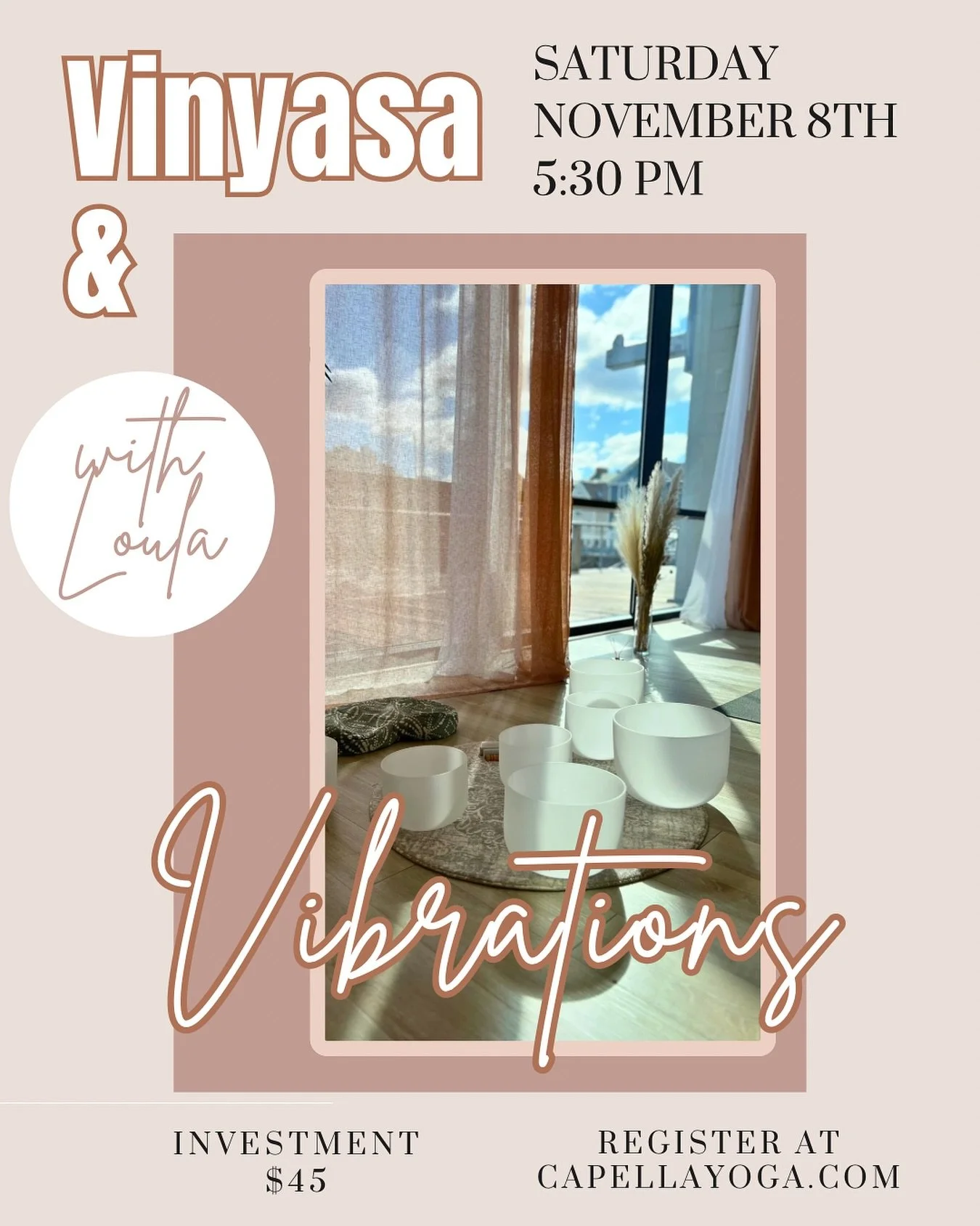 Vinyasa and Vibrations Saturday, November 9th at 5:30 PM 

Before the holiday season kicks into full gear, take a deep breath and give yourself this time to pause.

Join us for Vinyasa &amp; Vibrations with @loula_belle_ :a 90-minute immersive experi