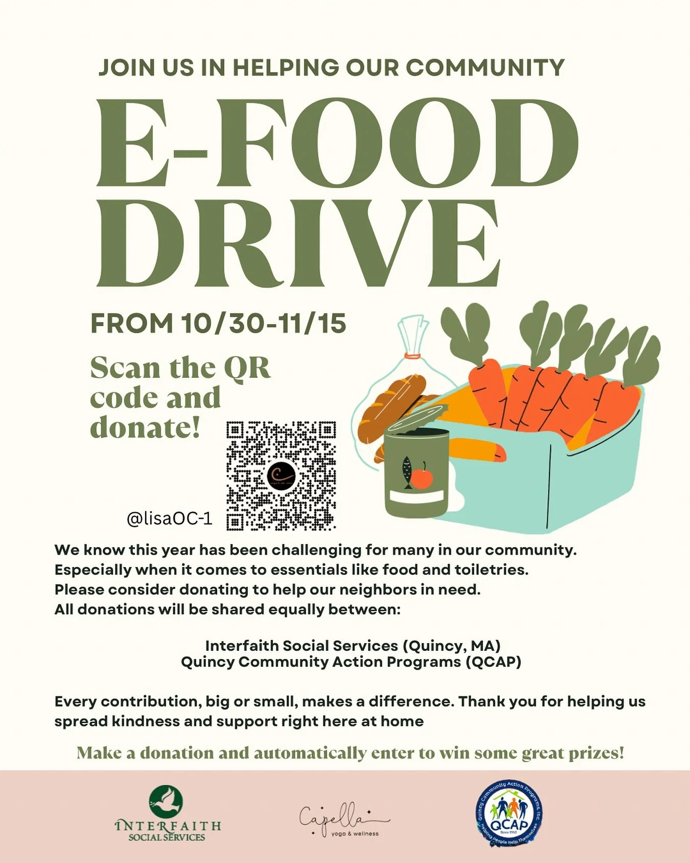 We know this year has been hard for people and it has the potential to get even more difficult beginning this month. This season, @capellayoga is coming together to support our local community. We&rsquo;re collecting donations to help those in need o