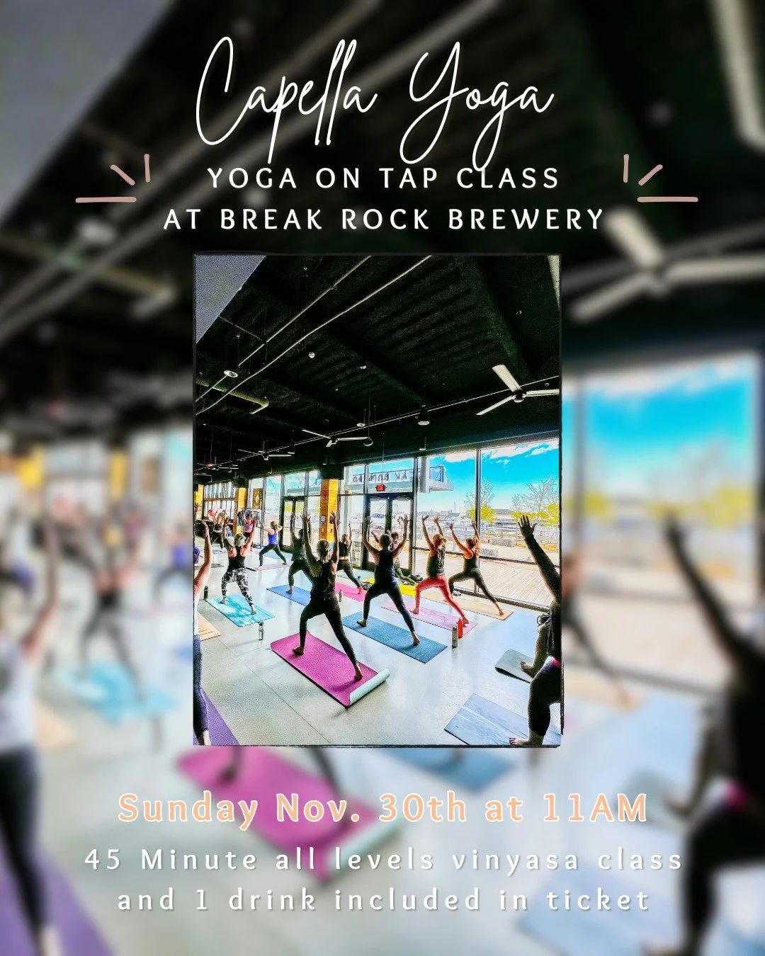 Yoga on Tap @breakrockbrewing 
 📅 Sunday, November 30 | 11 AM
  45-minute All-Levels Vinyasa with @theunbalancedlisa 
 $25 | Includes class + 1 drink (beer, seltzer, or NA option)

Don&rsquo;t underestimate those Marina Bay views this time of year &